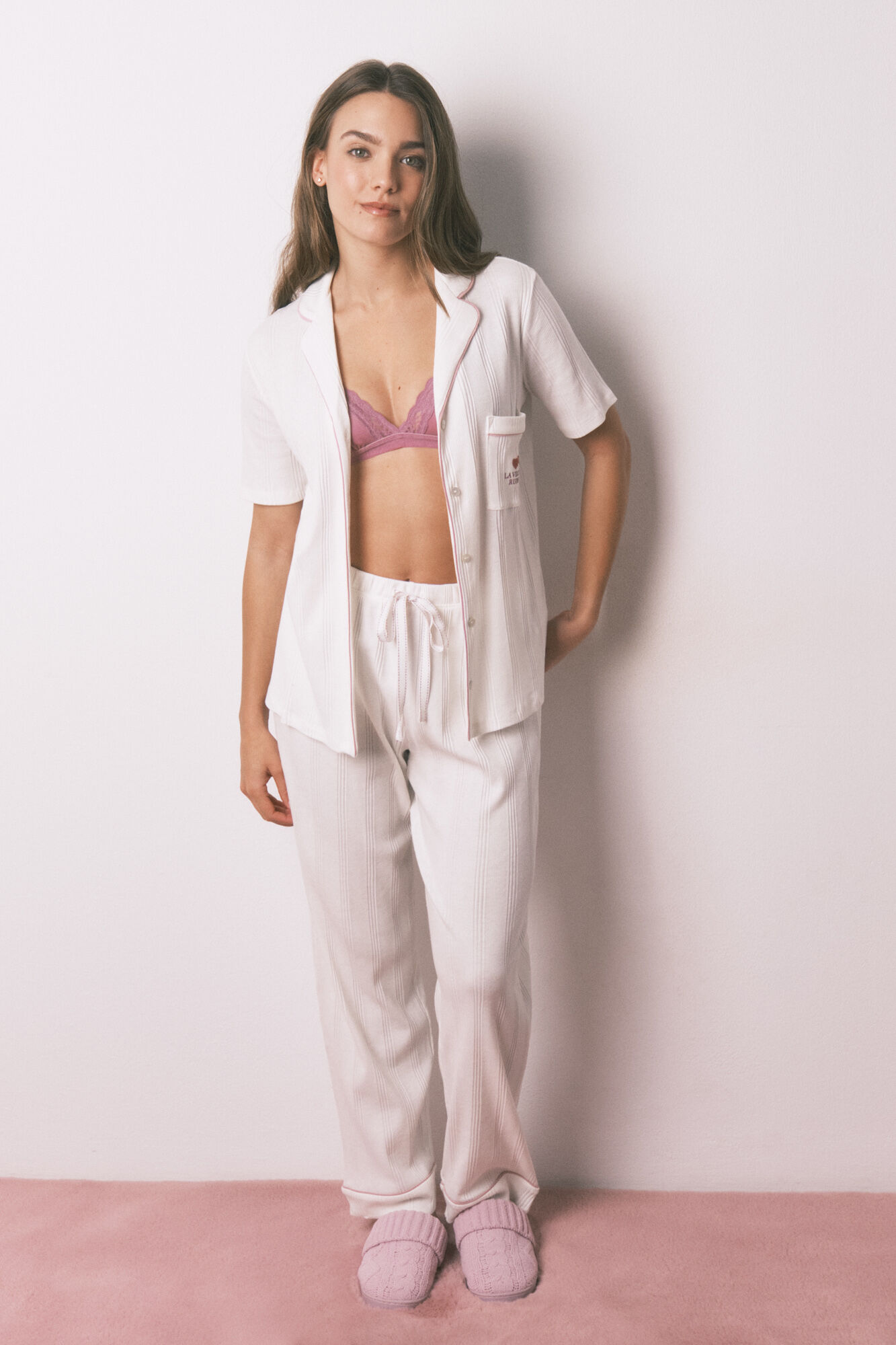 Women'secret Pijama camisera de rayas blancas de manga corta