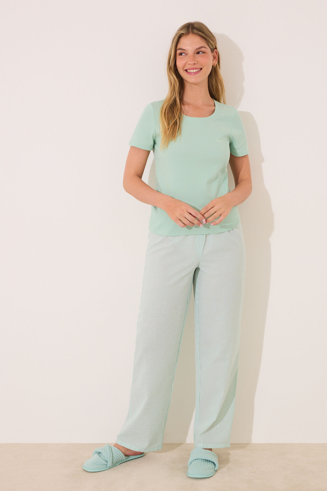 Women'secret Pijama de manga manga corta de algod&oacute;n verde estampado