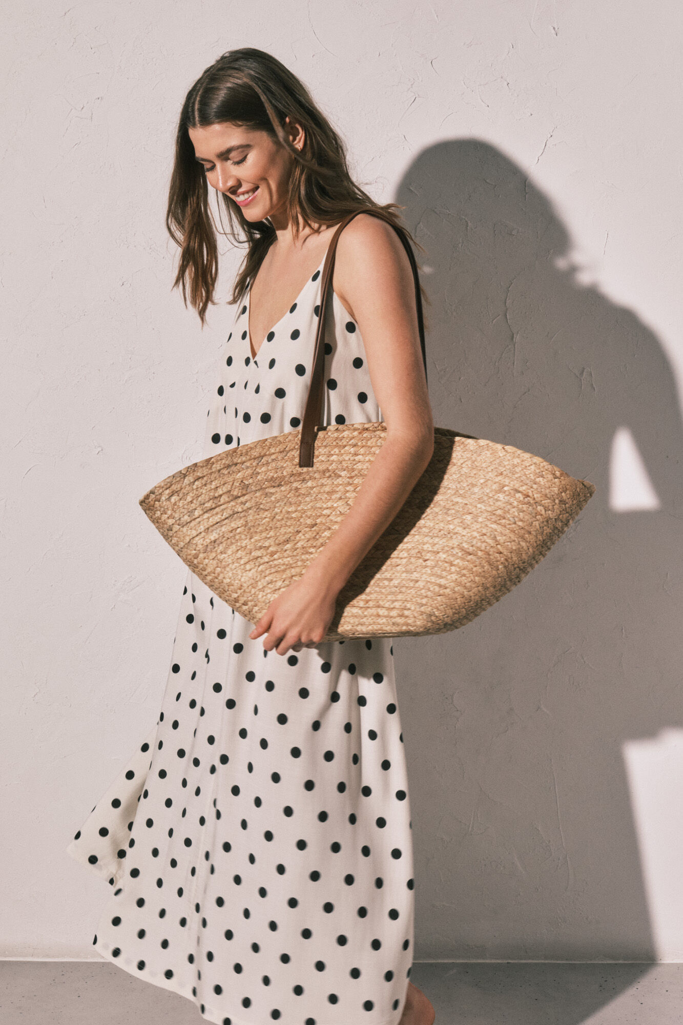 Women'secret Vestido largo estampado de puntos B&W marfil