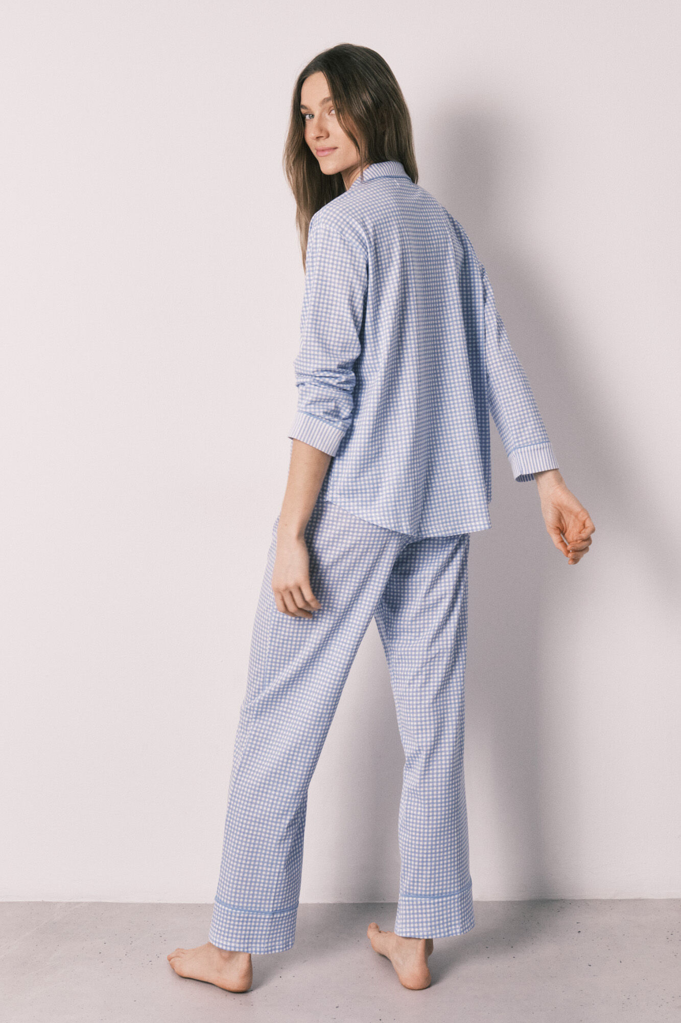 Women'secret Pijama camisera larga estampado vichy de algod&oacute;n azul azul