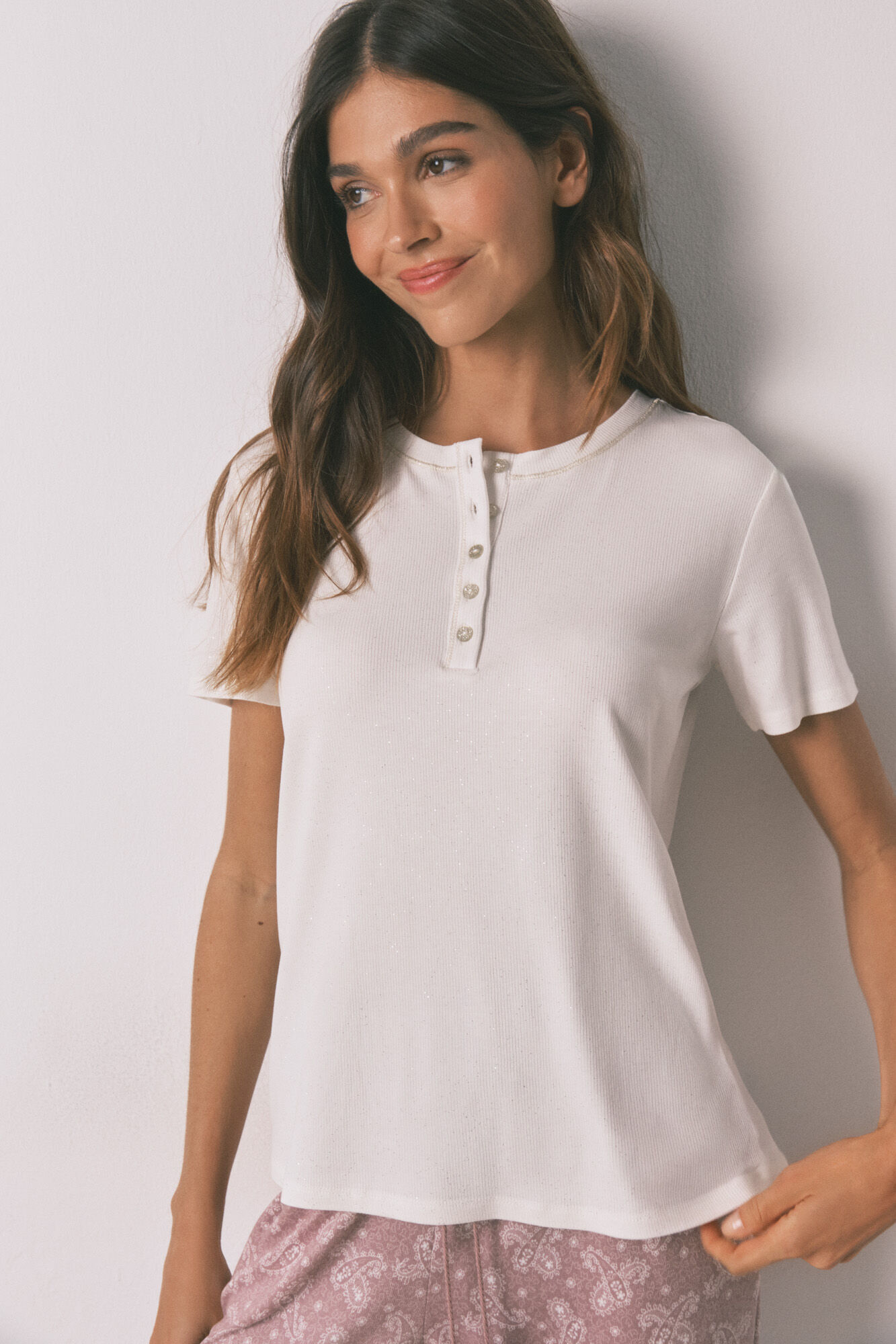 Women'secret Playera de manga corta de viscosa blanca brillante marfil