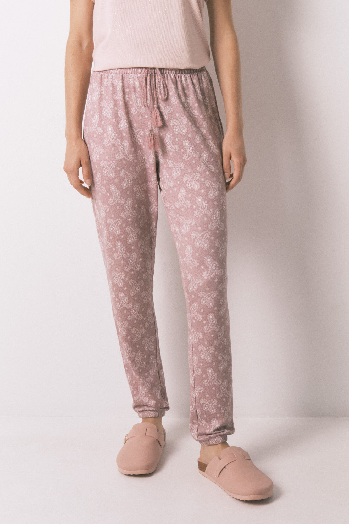 Women'secret Pantal&oacute;n largo y c&aacute;lido de punto tejido paisley rosa suave rosa