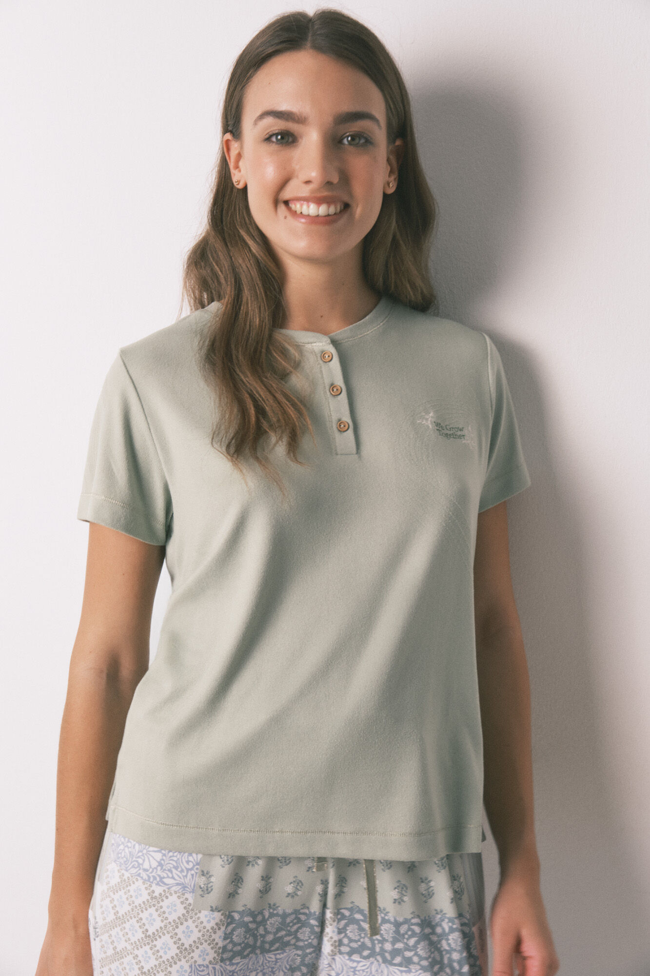 Women'secret Pijama larga de manga corta patchwork s&uacute;per suave verde