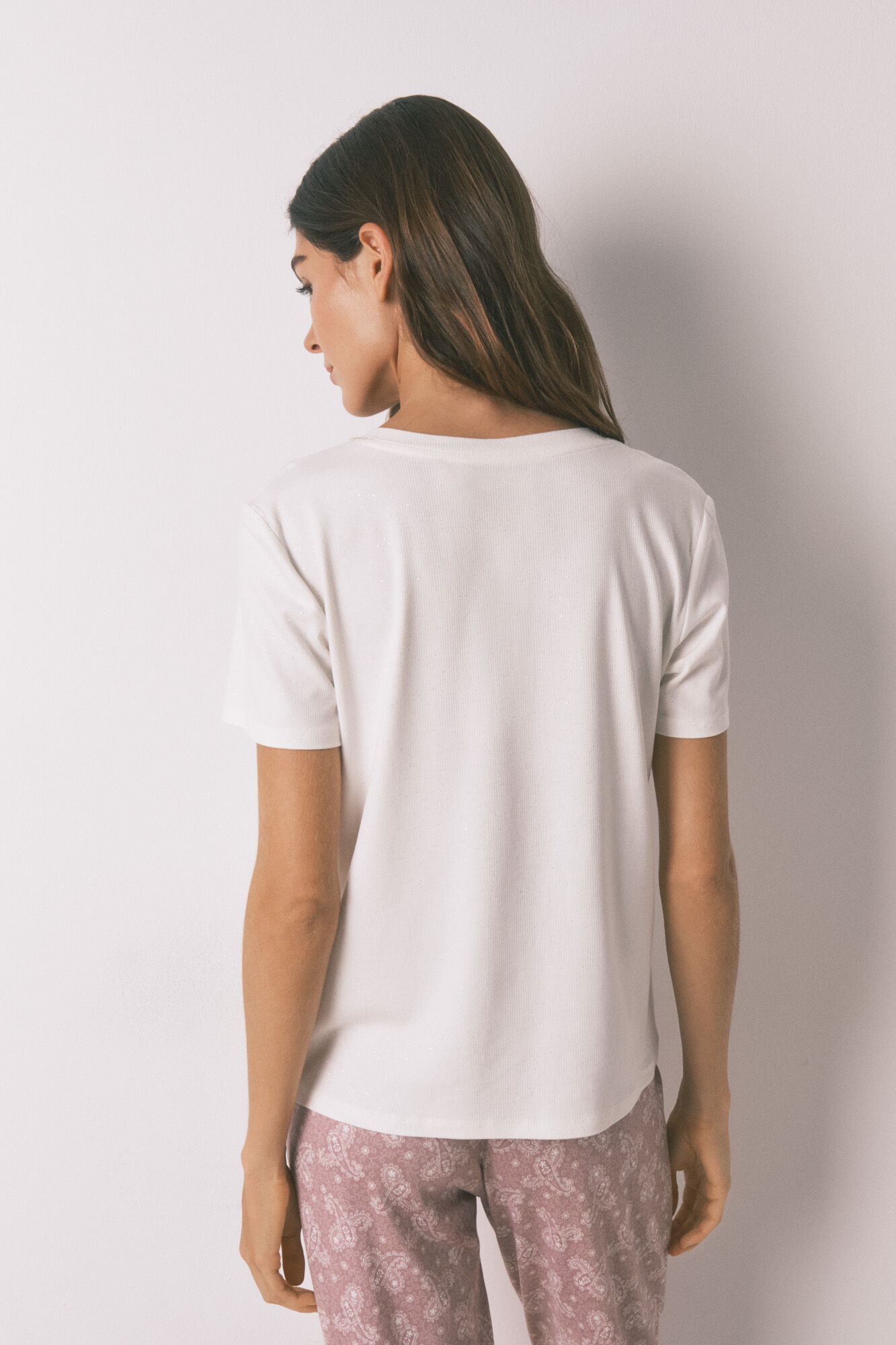 Women'secret Playera de manga corta de viscosa blanca brillante marfil