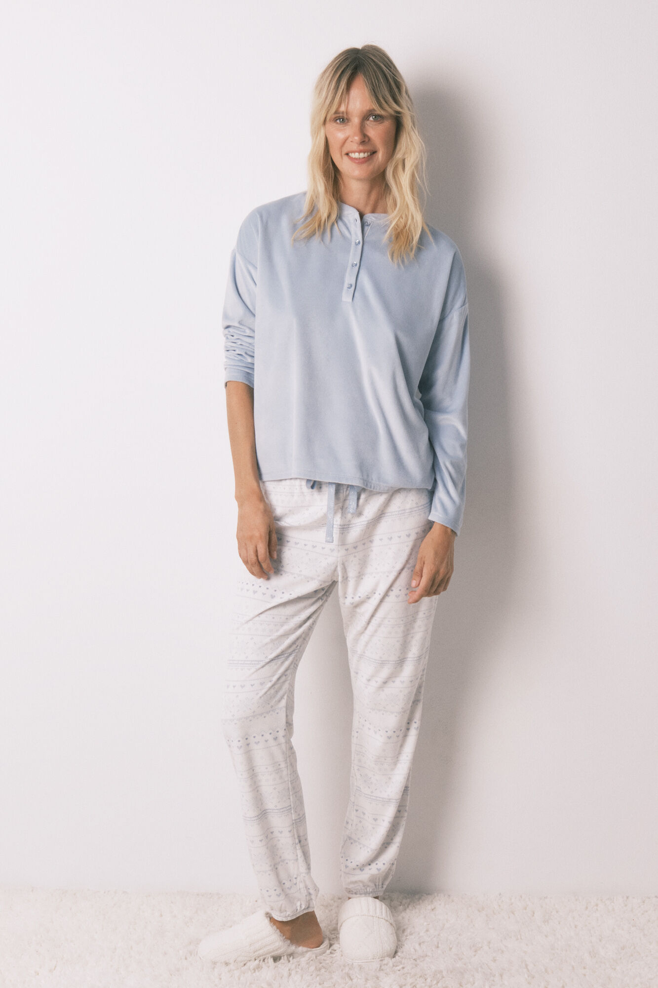 Women'secret Pijama larga polar suave cenefas azul