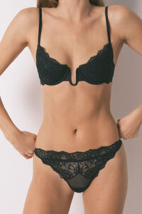 Women'secret Tanga encaje negro brillo