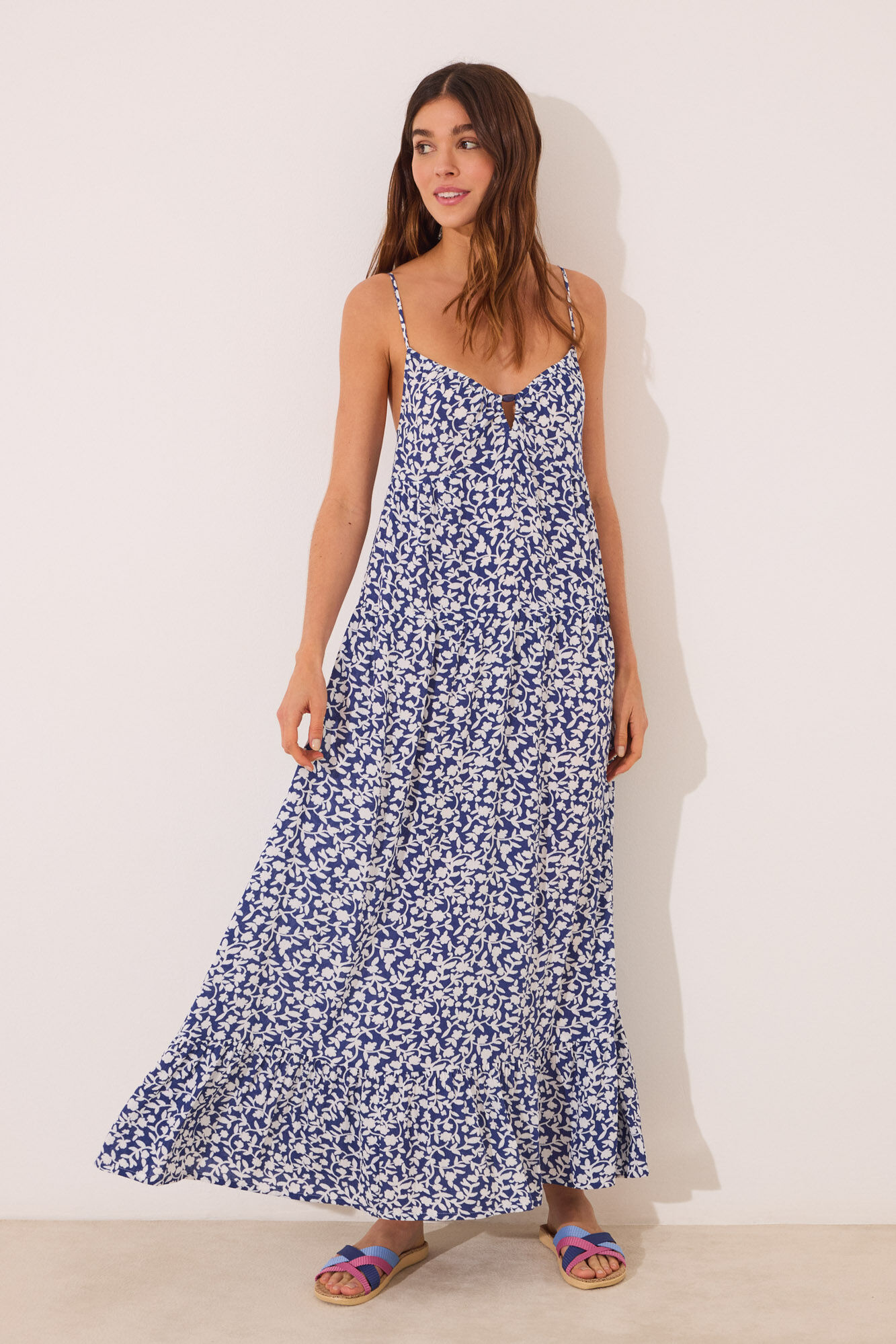 Women'secret Vestido largo con tirantes y estampado azul estampado