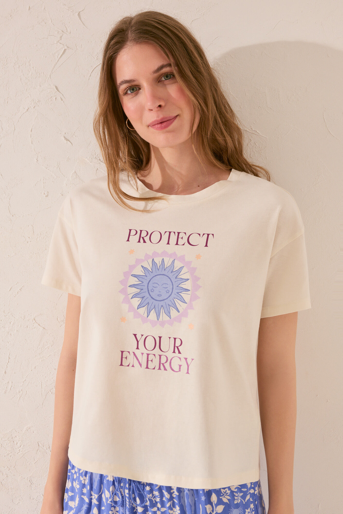 Women'secret Playera de manga corta de algod&oacute;n color marfil marfil