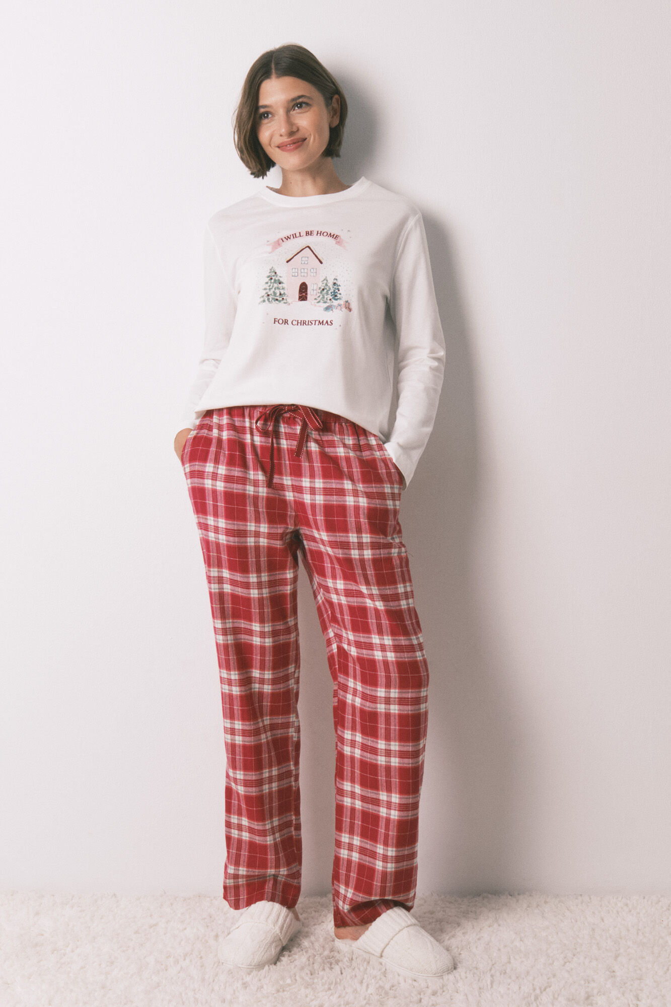 Women'secret Playera de navidad manga larga blanca 100% algod&oacute;n blanco