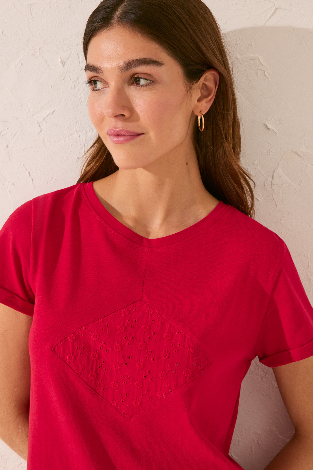 Women'secret Playera de manga corta 100% algod&oacute;n con bordado rojo rojo
