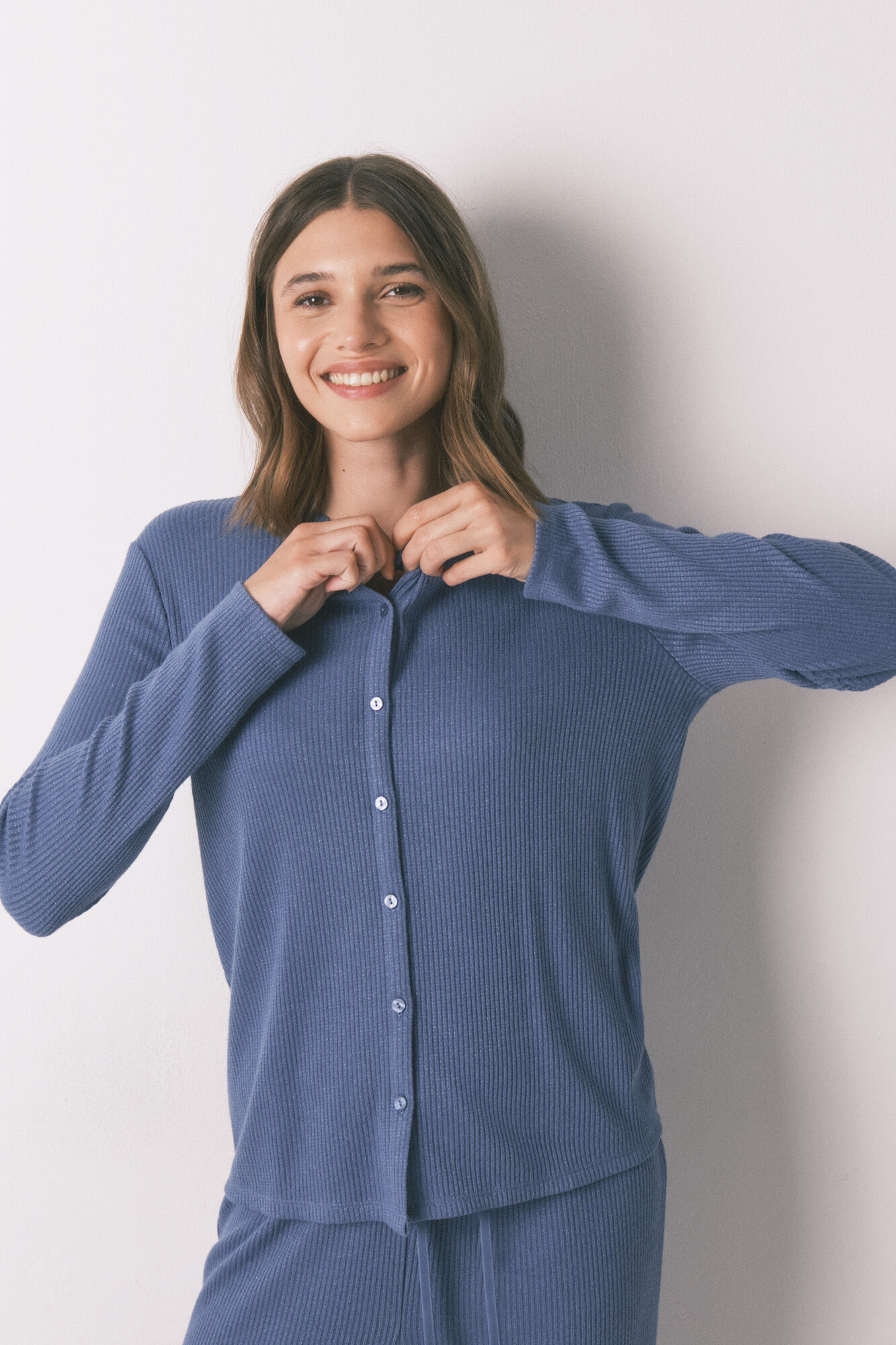 Women'secret Pijama larga rib con efecto brillante azul