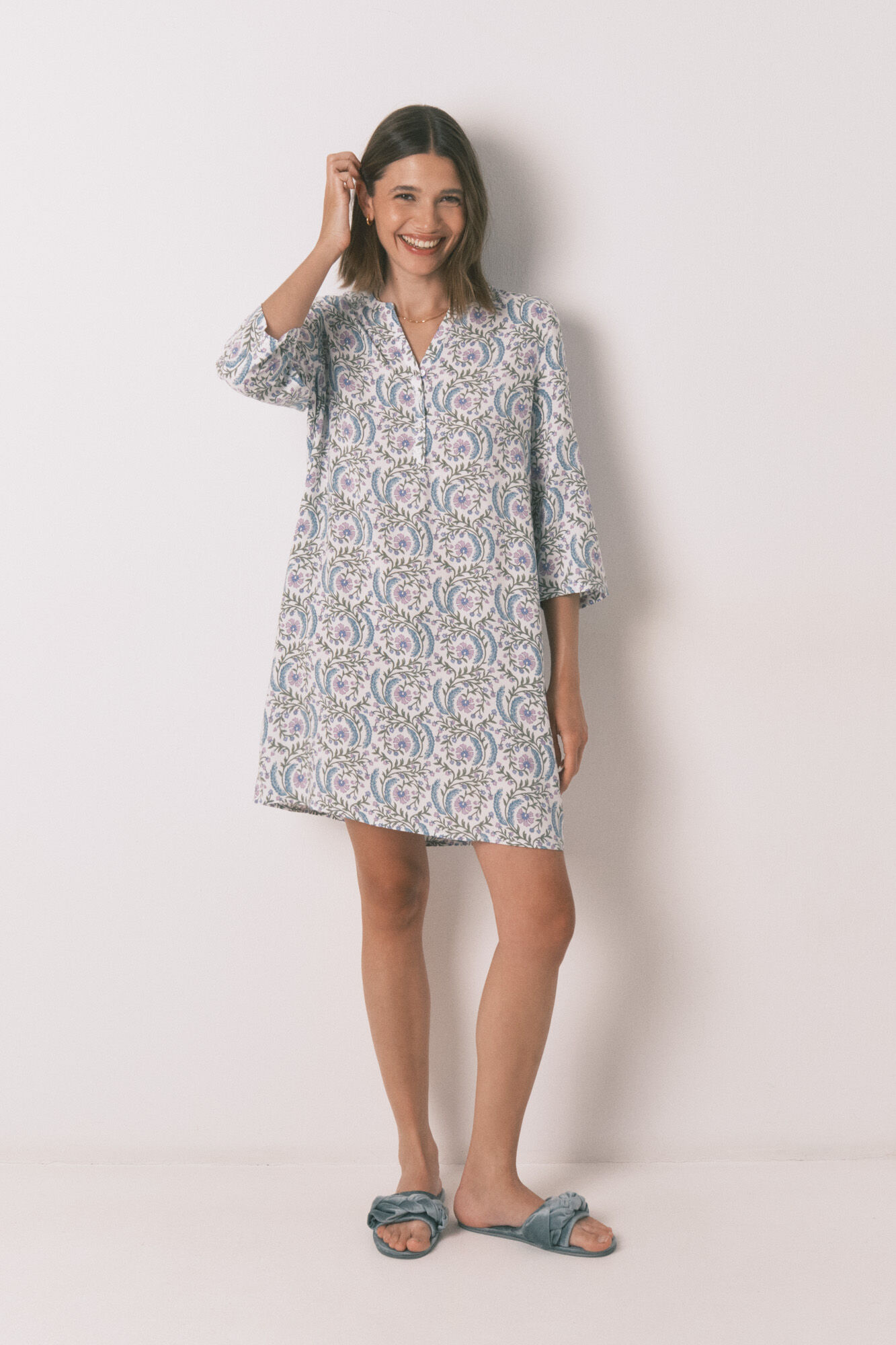 Women'secret Playera de dormir verde floral de manga 3/4 verde