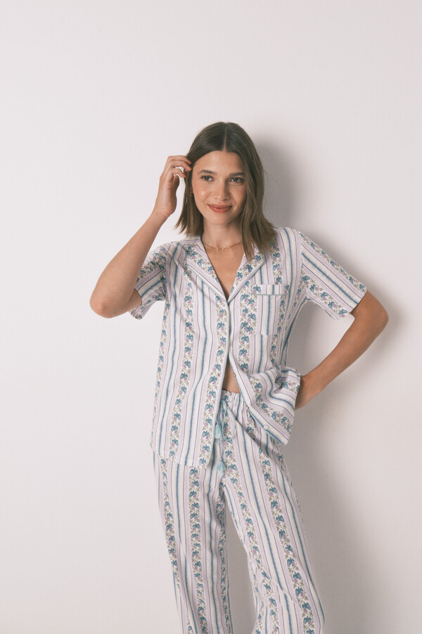 Women'secret Pijama camisera Capri de rayas 100% algodón marfil