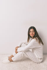 Women'secret Pijama larga polar estampado rayas lurex marfil