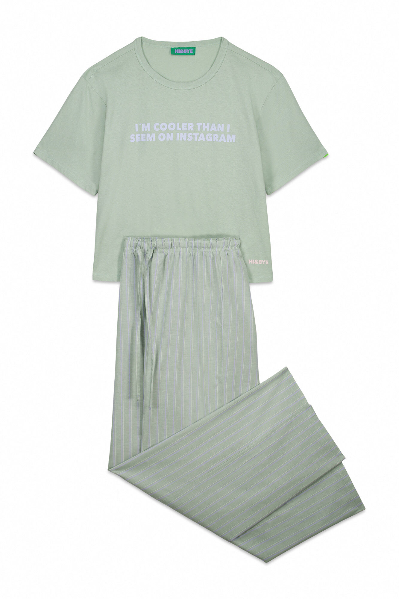 HI&BYE Pijama larga a rayas de 100% algod&oacute;n verde verde