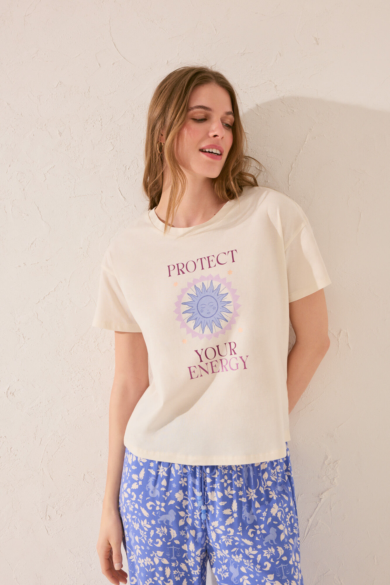 Women'secret Playera de manga corta de algod&oacute;n color marfil marfil