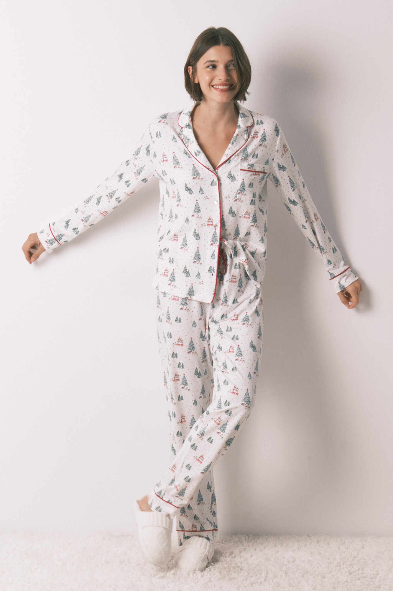 Women'secret Pijama camisera largo con estampado navidad blanco