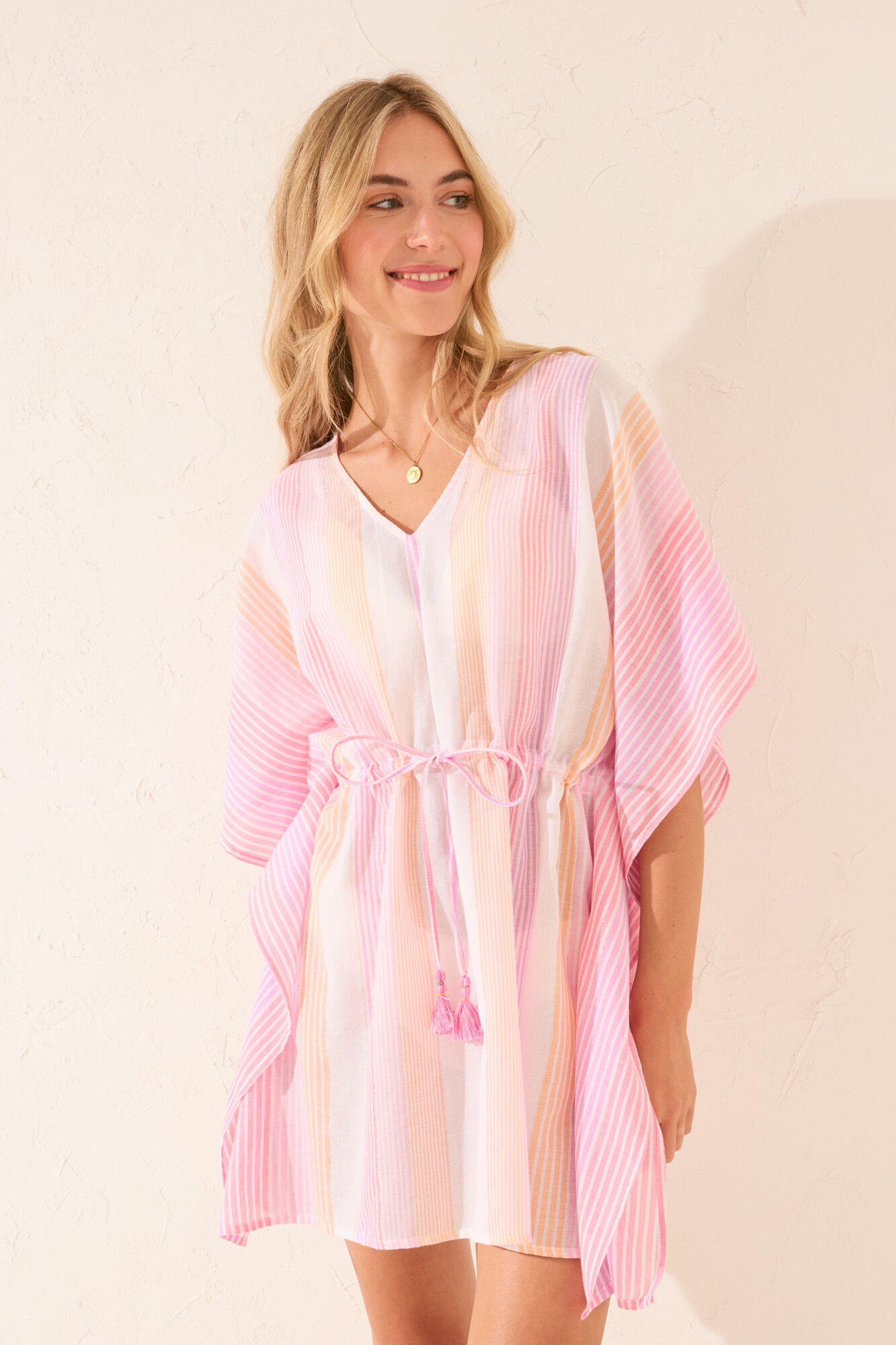 Women'secret T&uacute;nica short de algod&oacute;n con estampado de rayas rosas rosa