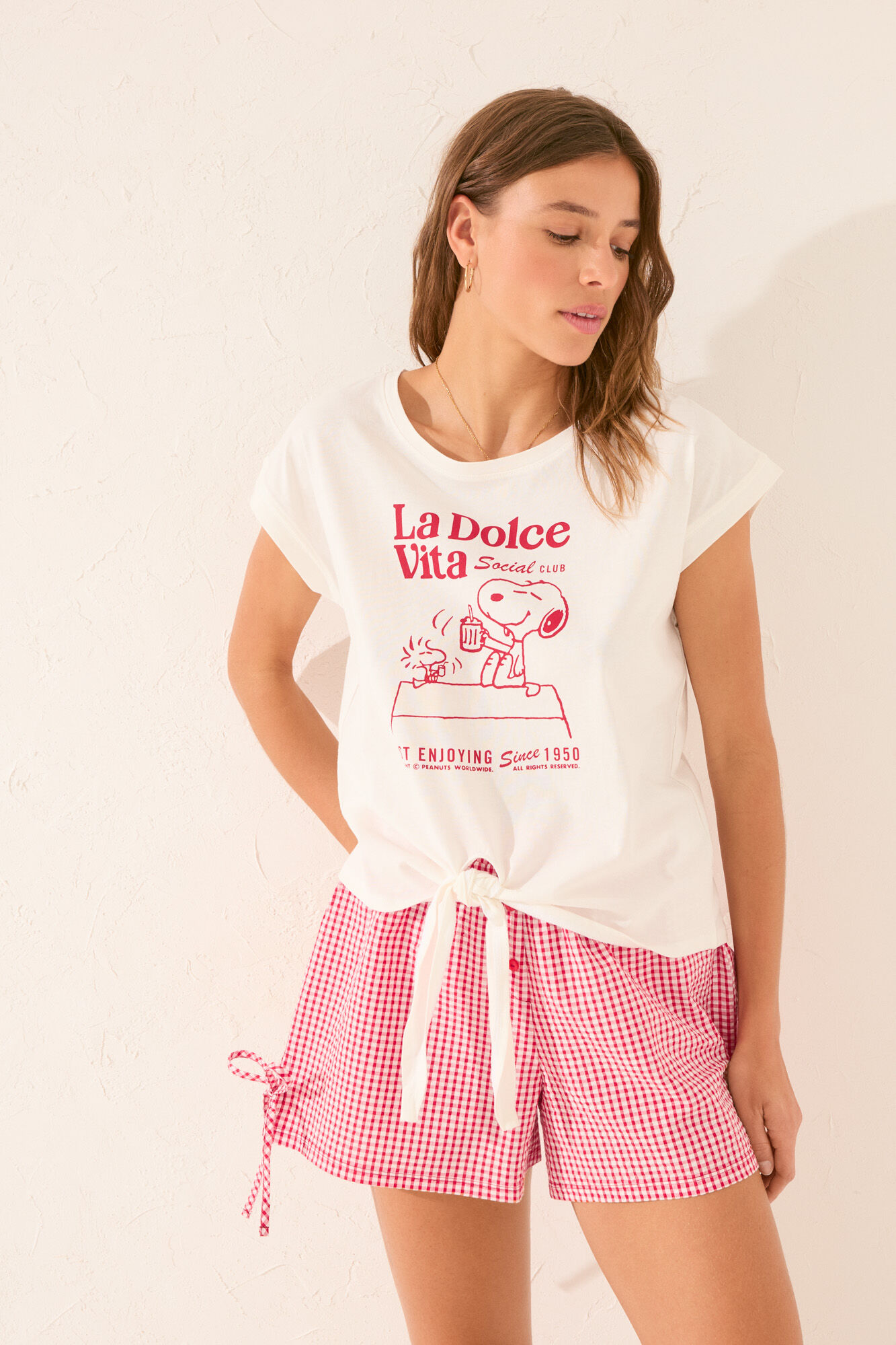 Women'secret Playera de manga corta de Snoopy blanca 100 % algod&oacute;n blanco