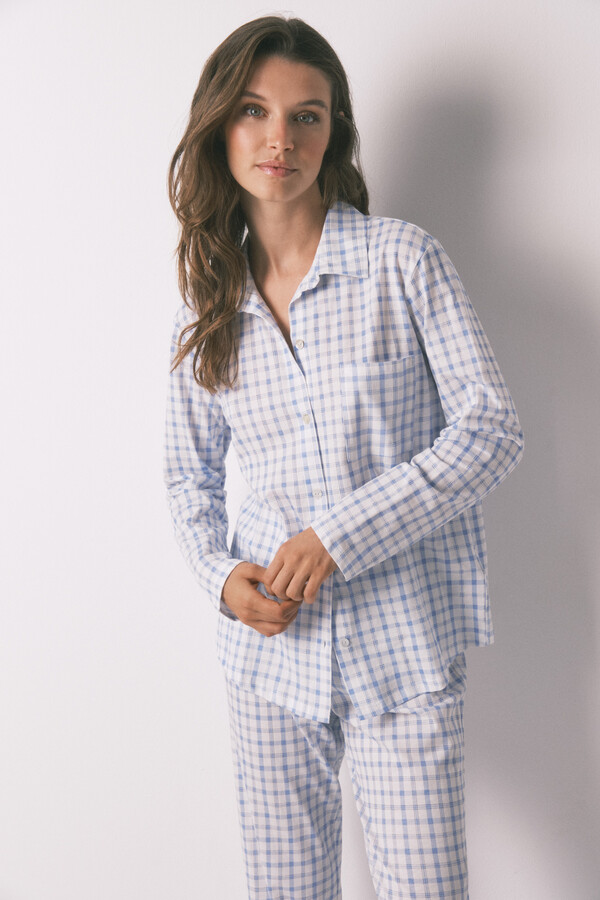 Women'secret Pijama camisera de algodón a cuadros azules  estampado