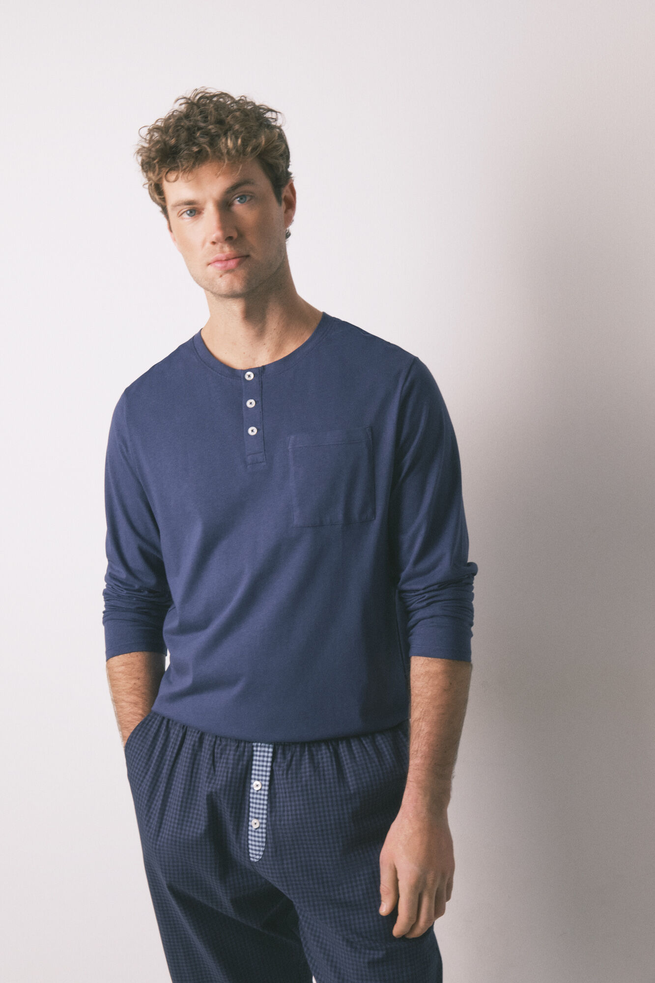 Women'secret Pijama larga de hombre, 100% algod&oacute;n, cuadros azules azul