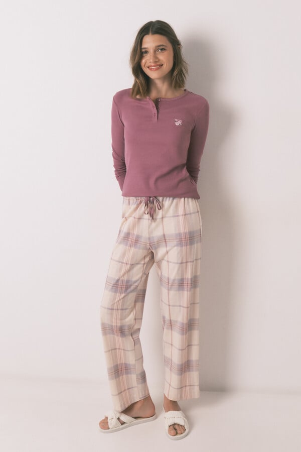 Women'secret Pijama larga con estampado de cuadros rosas rosa