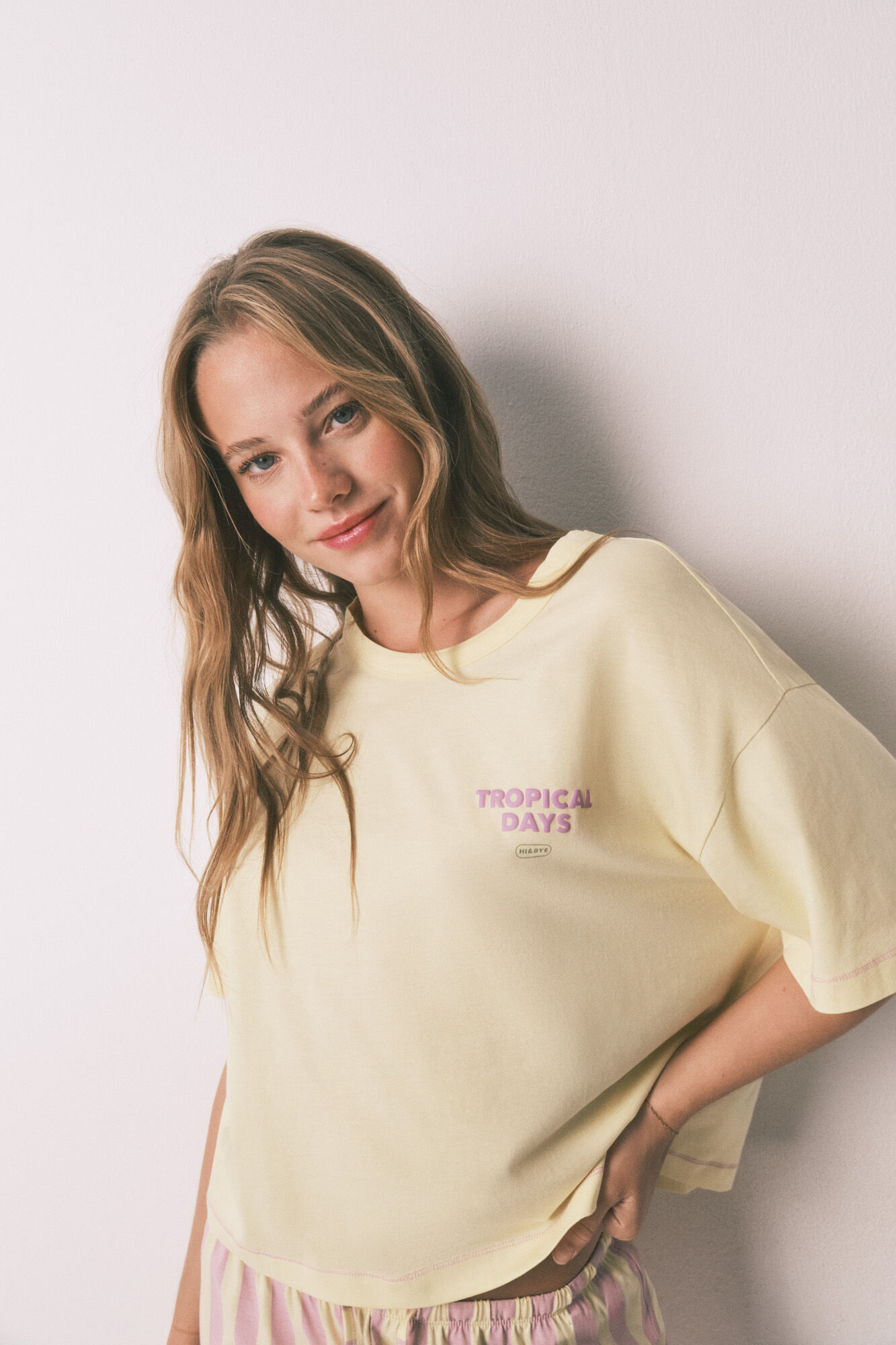HI&BYE Pijama corta 100% algod&oacute;n a rayas amarillo