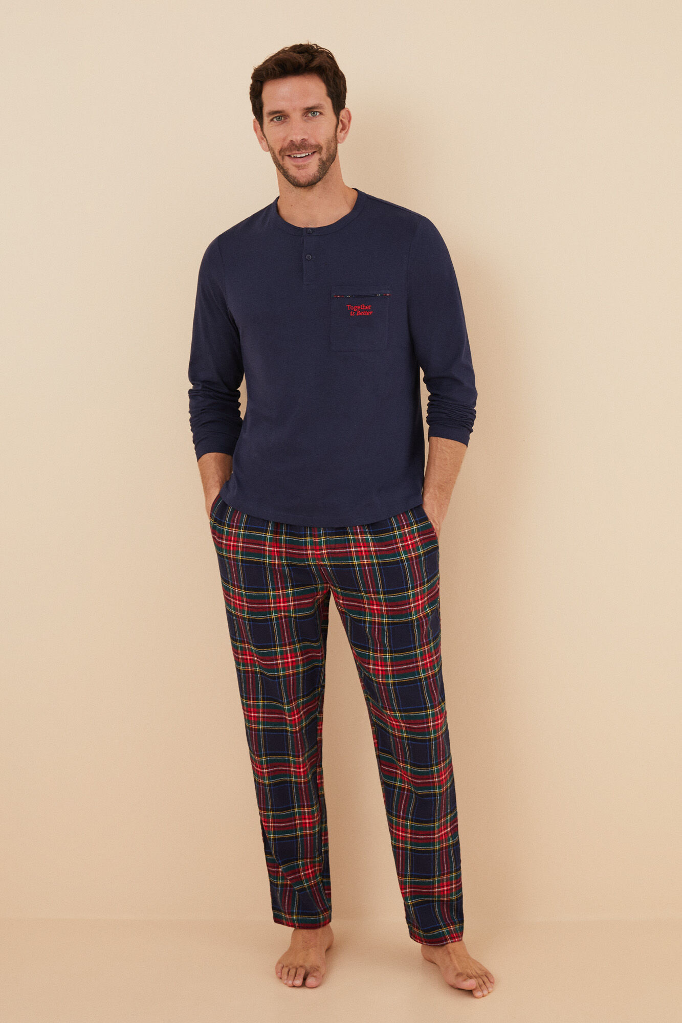 Women'secret Pijama hombre 100% algod&oacute;n cuadros  azul