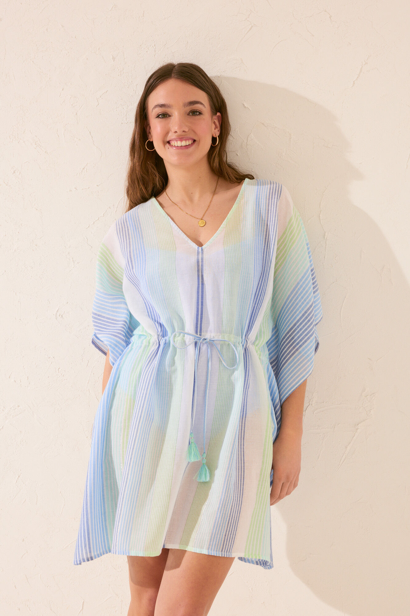 Women'secret T&uacute;nica short de algod&oacute;n con estampado de rayas azules estampado