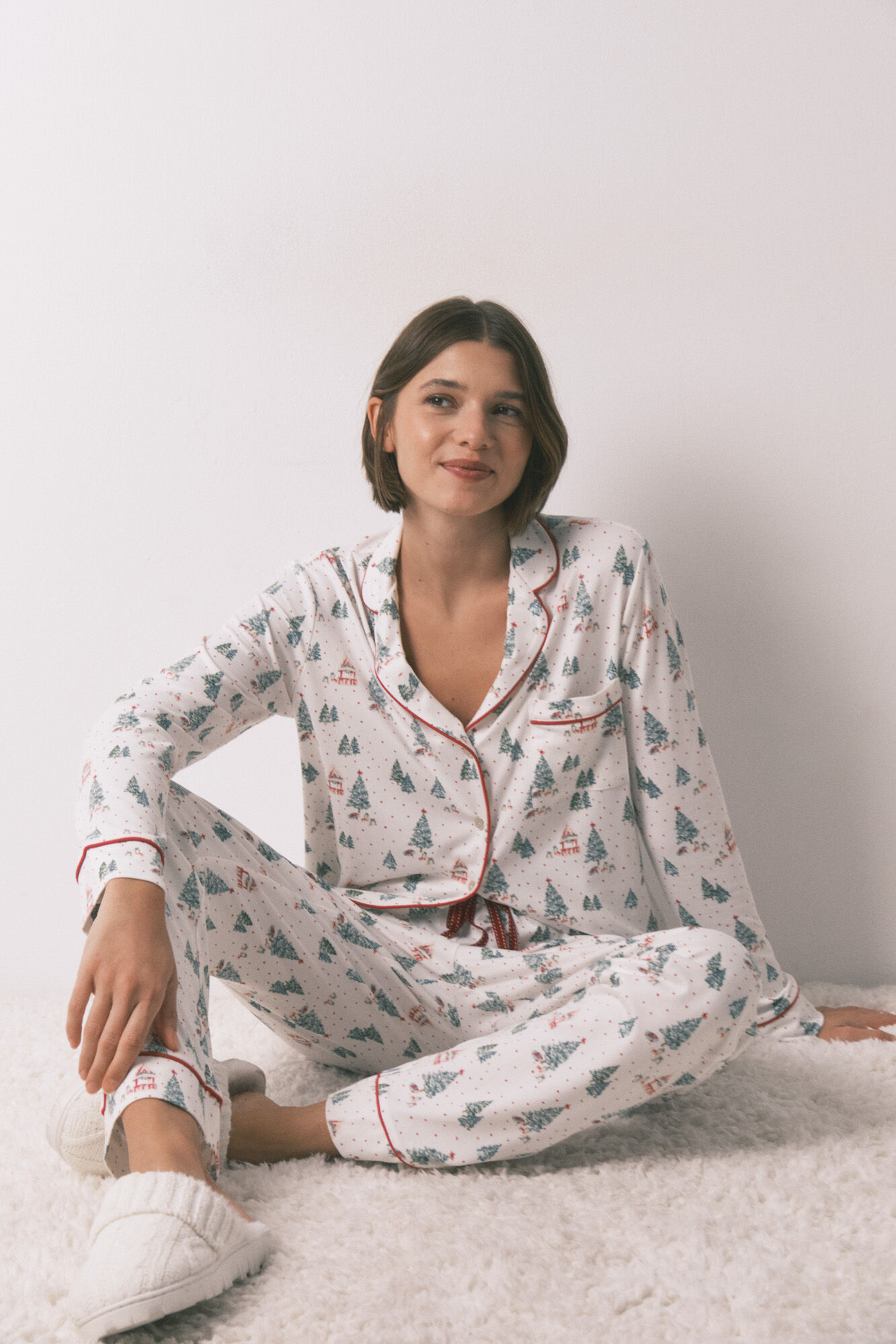 Women'secret Pijama camisera largo con estampado navidad blanco marfil