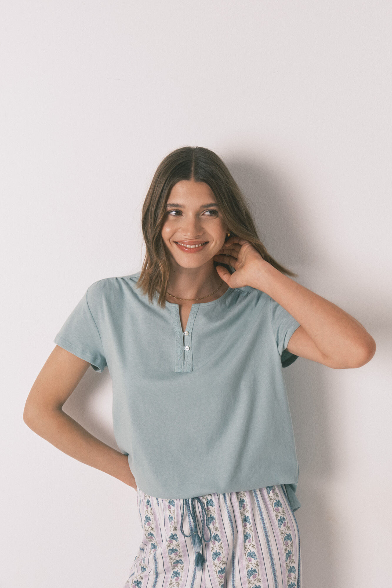 Women'secret Playera de manga corta verde 100% algod&oacute;n