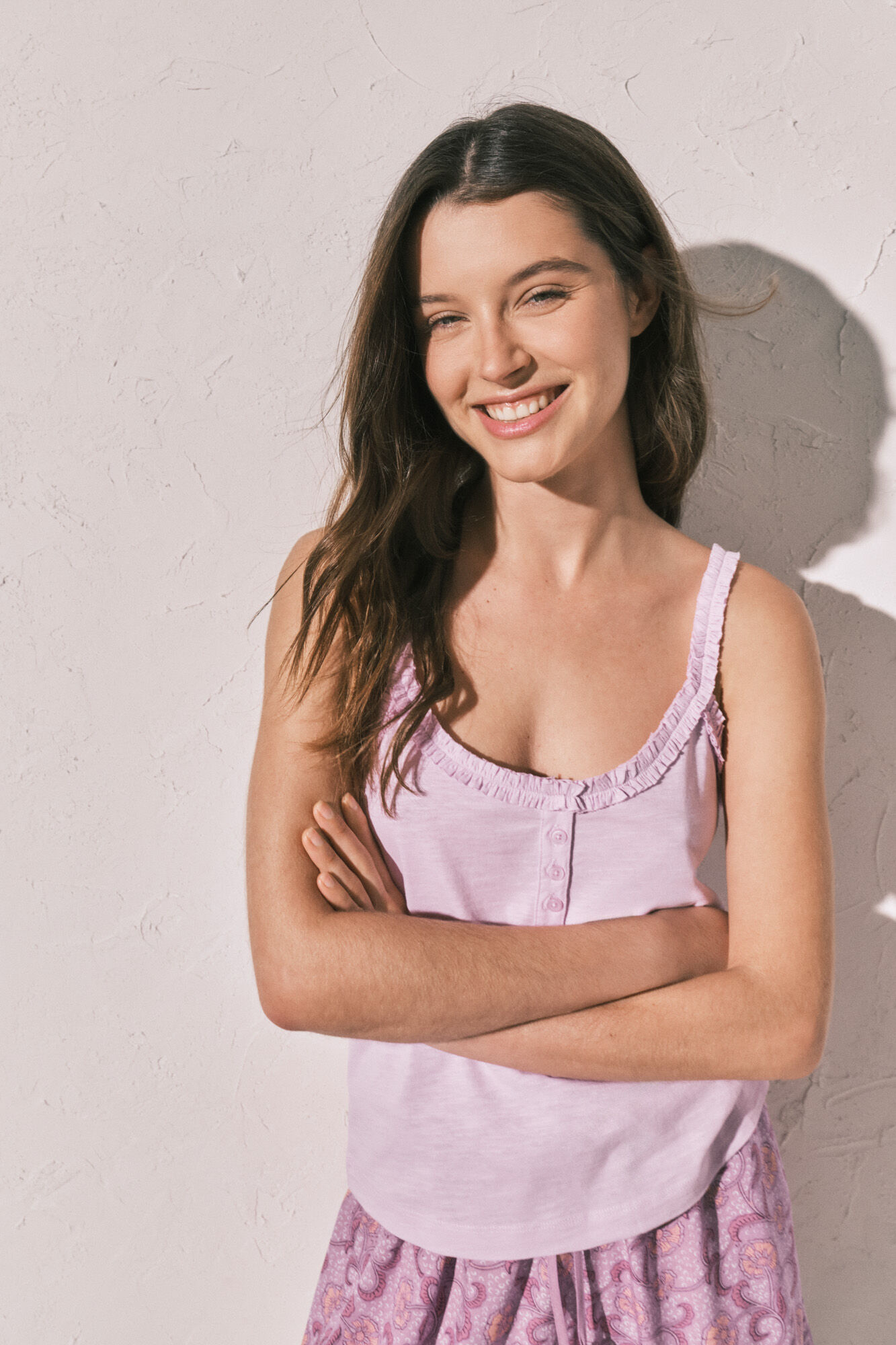 Women'secret Playera de tirantes con volantes de algod&oacute;n rosa verde