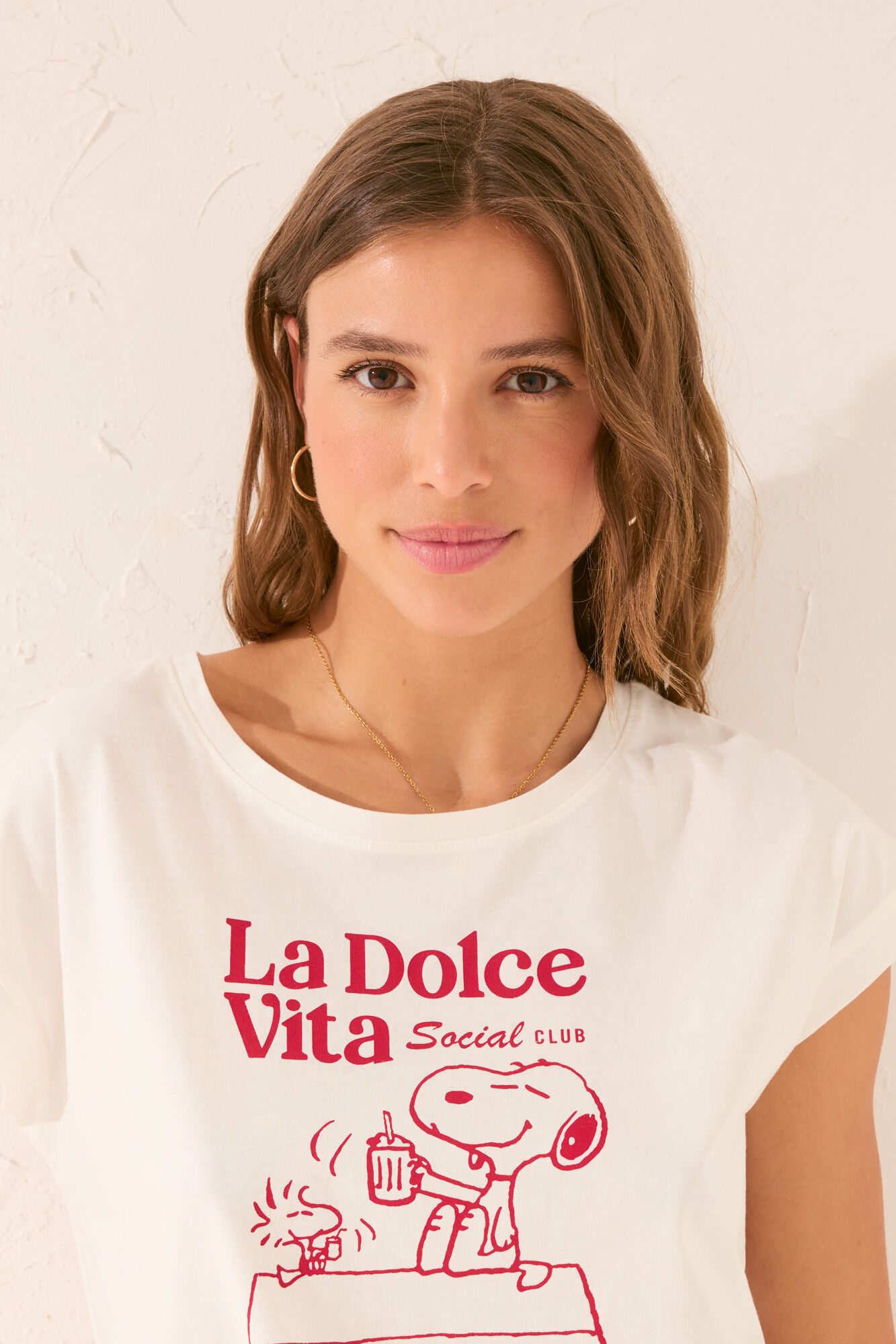 Women'secret Playera de manga corta de Snoopy blanca 100 % algod&oacute;n blanco