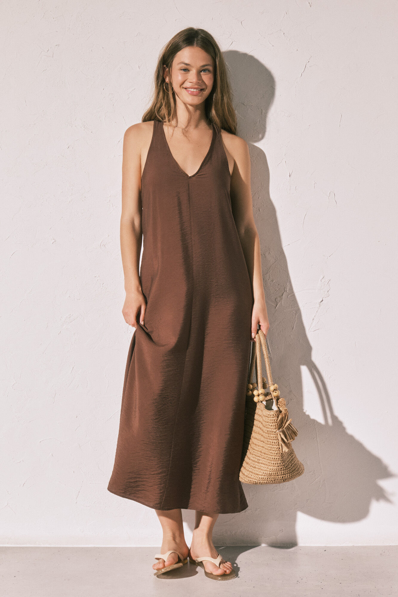 Women'secret Vestido largo fluido caf&eacute;