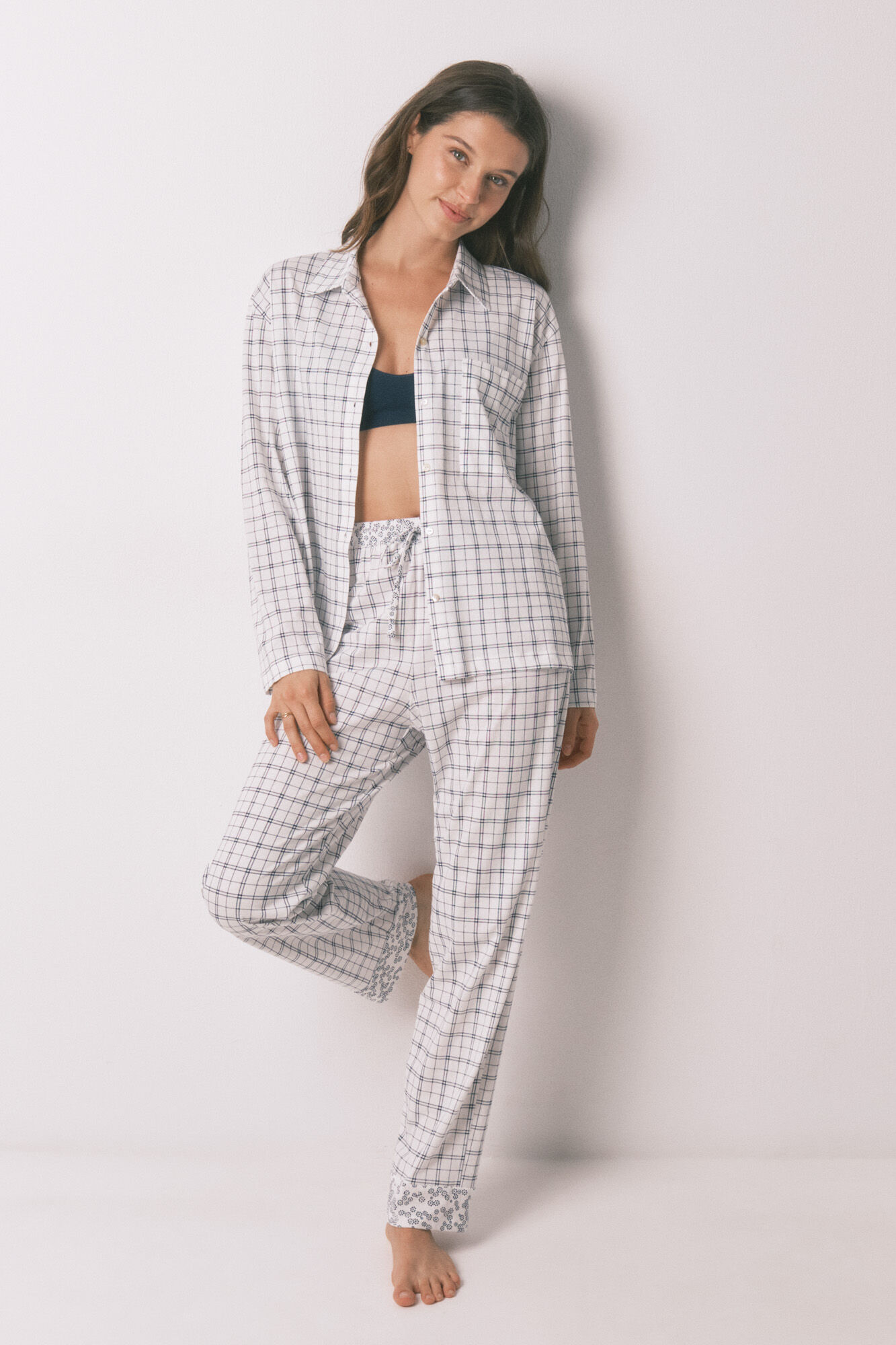 Women'secret Pijama camisera a cuadros de algod&oacute;n azul blanco