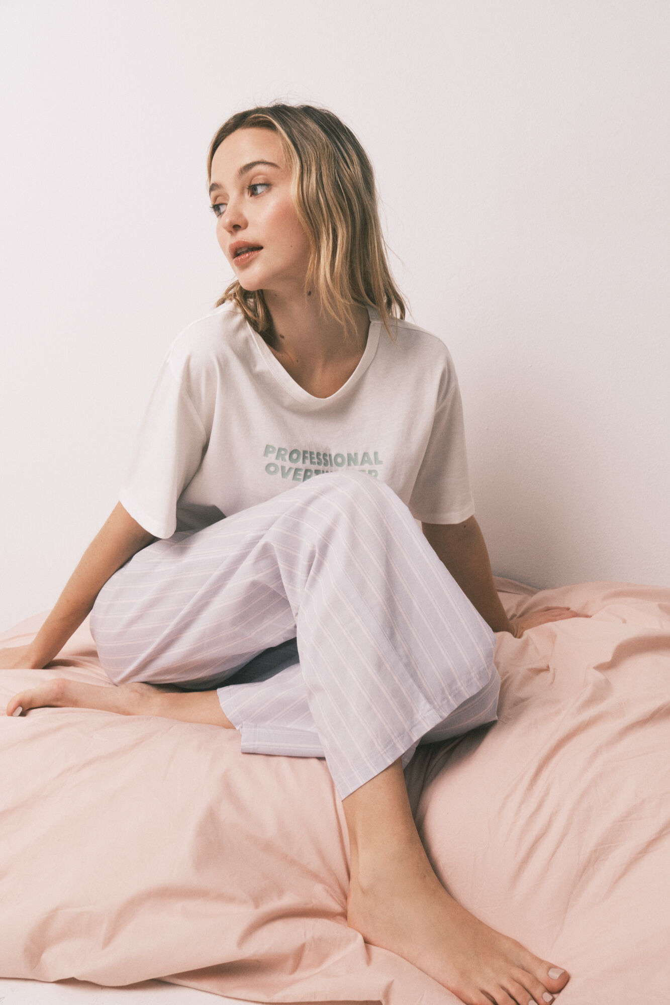 HI&BYE Pijama larga estampado de rayas 100% algod&oacute;n azul marfil