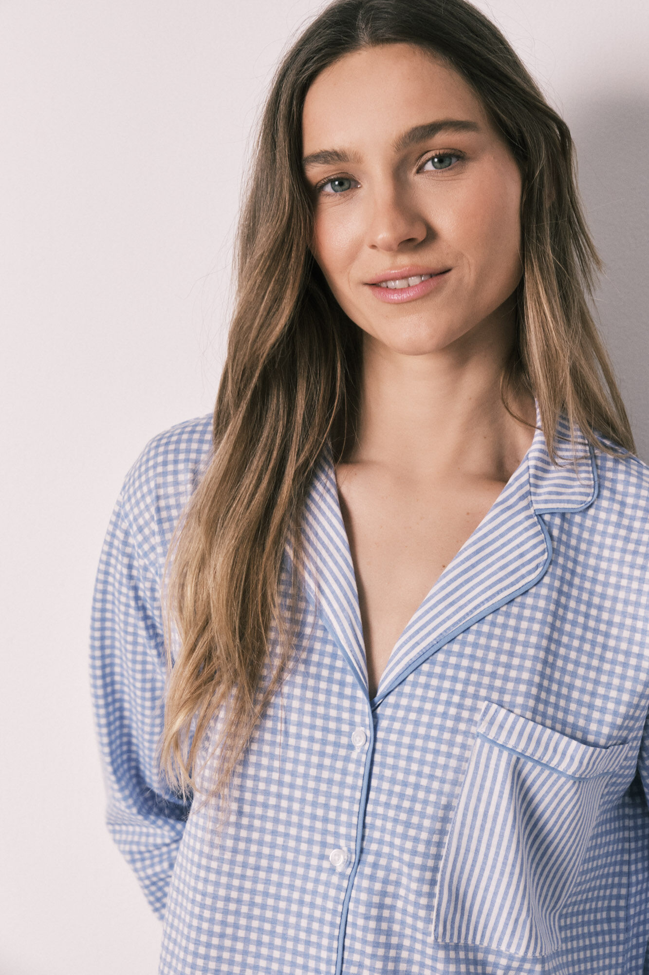 Women'secret Pijama camisera larga estampado vichy de algod&oacute;n azul azul