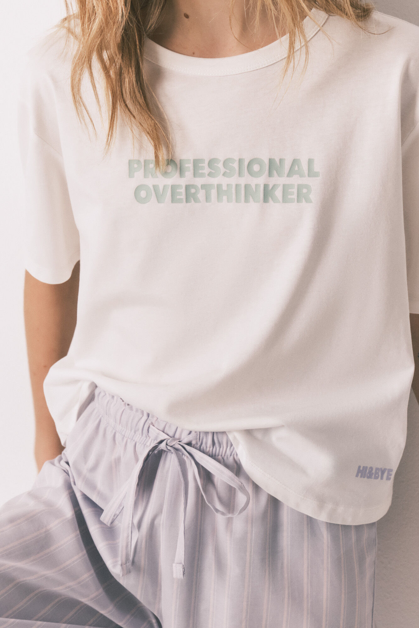 HI&BYE Pijama larga estampado de rayas 100% algod&oacute;n azul marfil