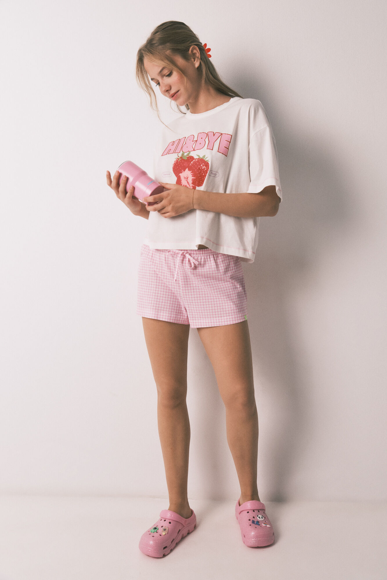 HI&BYE Pijama corta 100% algod&oacute;n rosa marfil