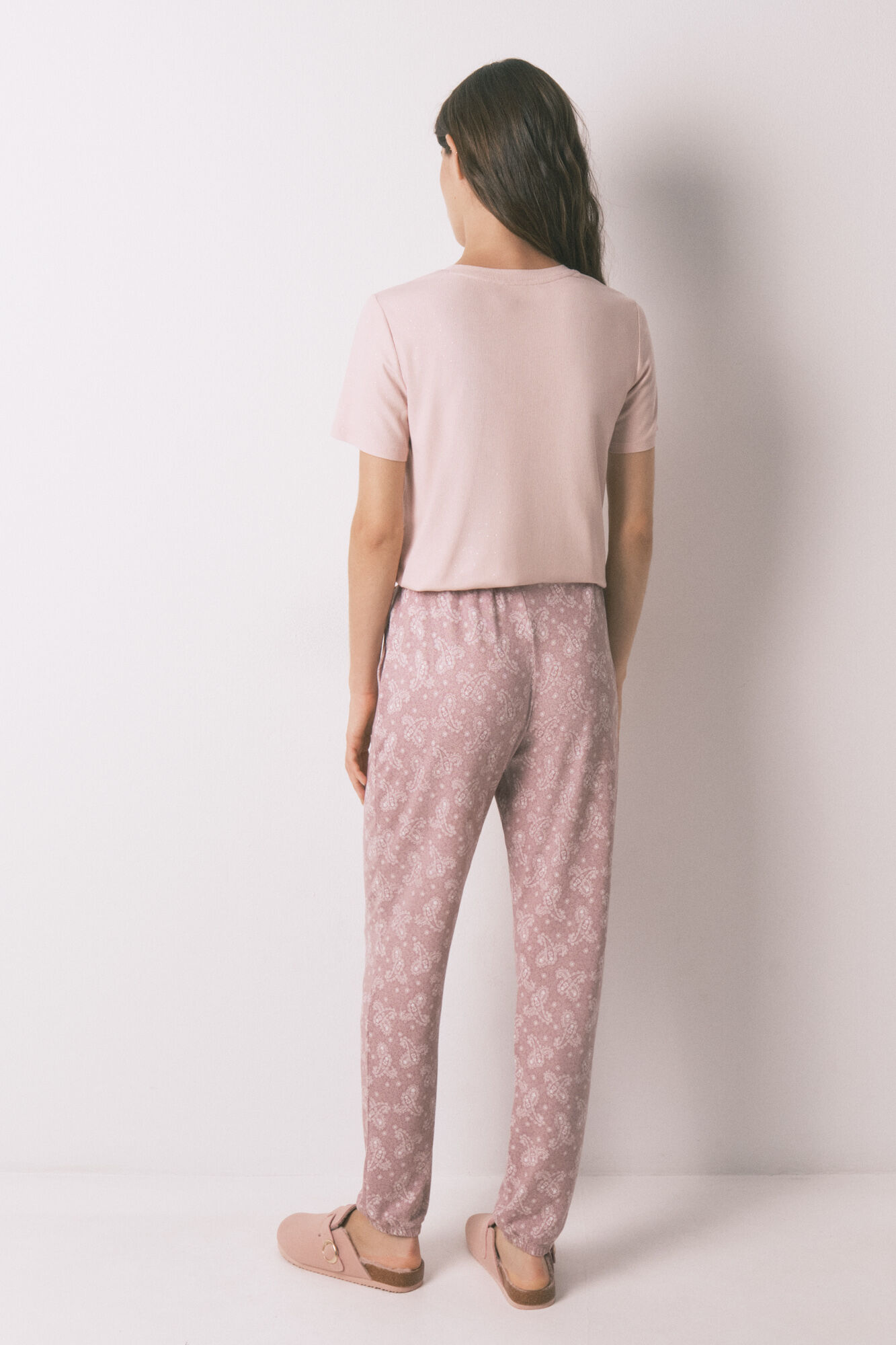 Women'secret Pantal&oacute;n largo y c&aacute;lido de punto tejido paisley rosa suave rosa