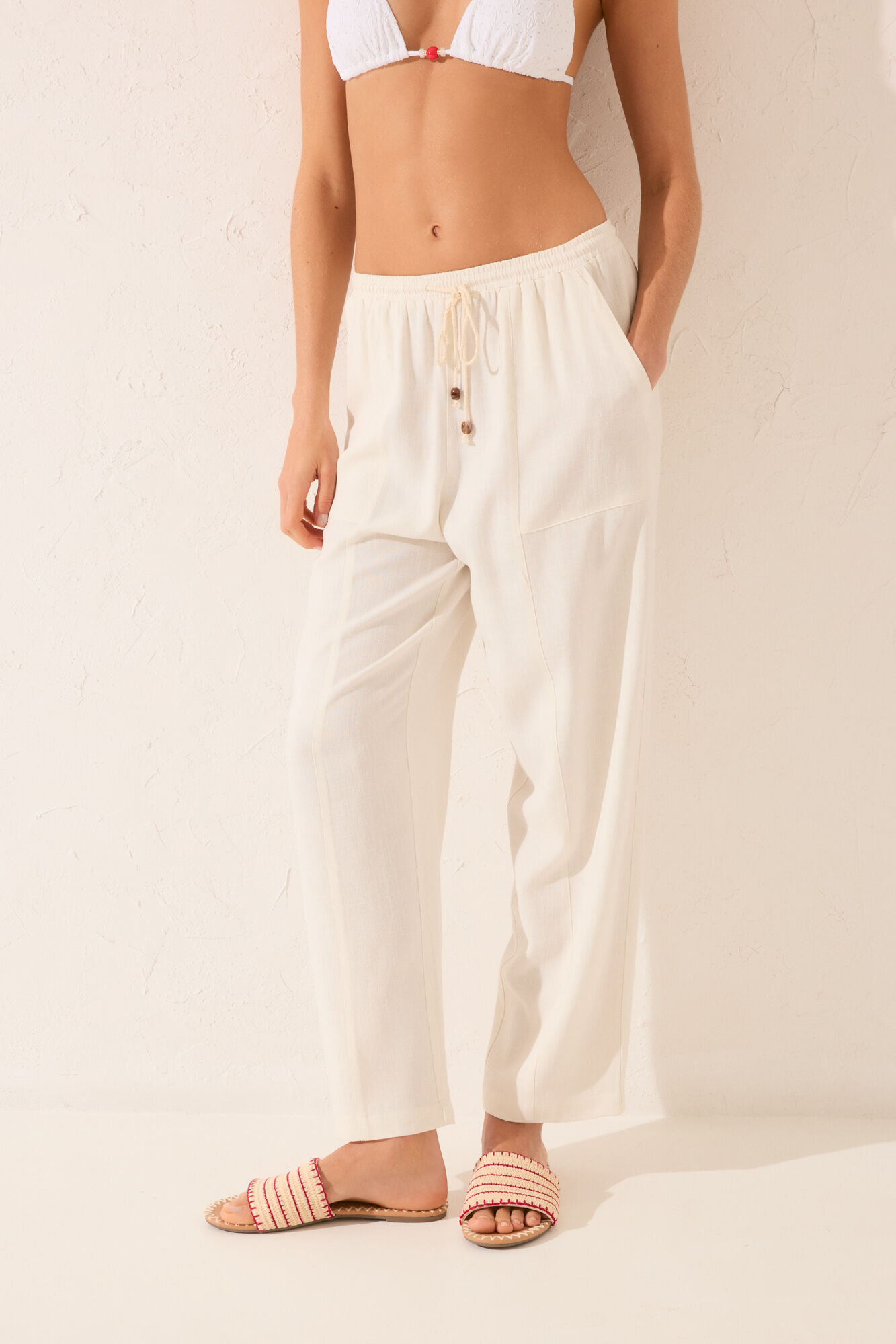 Women'secret Pantal&oacute;n capri de lino blanco