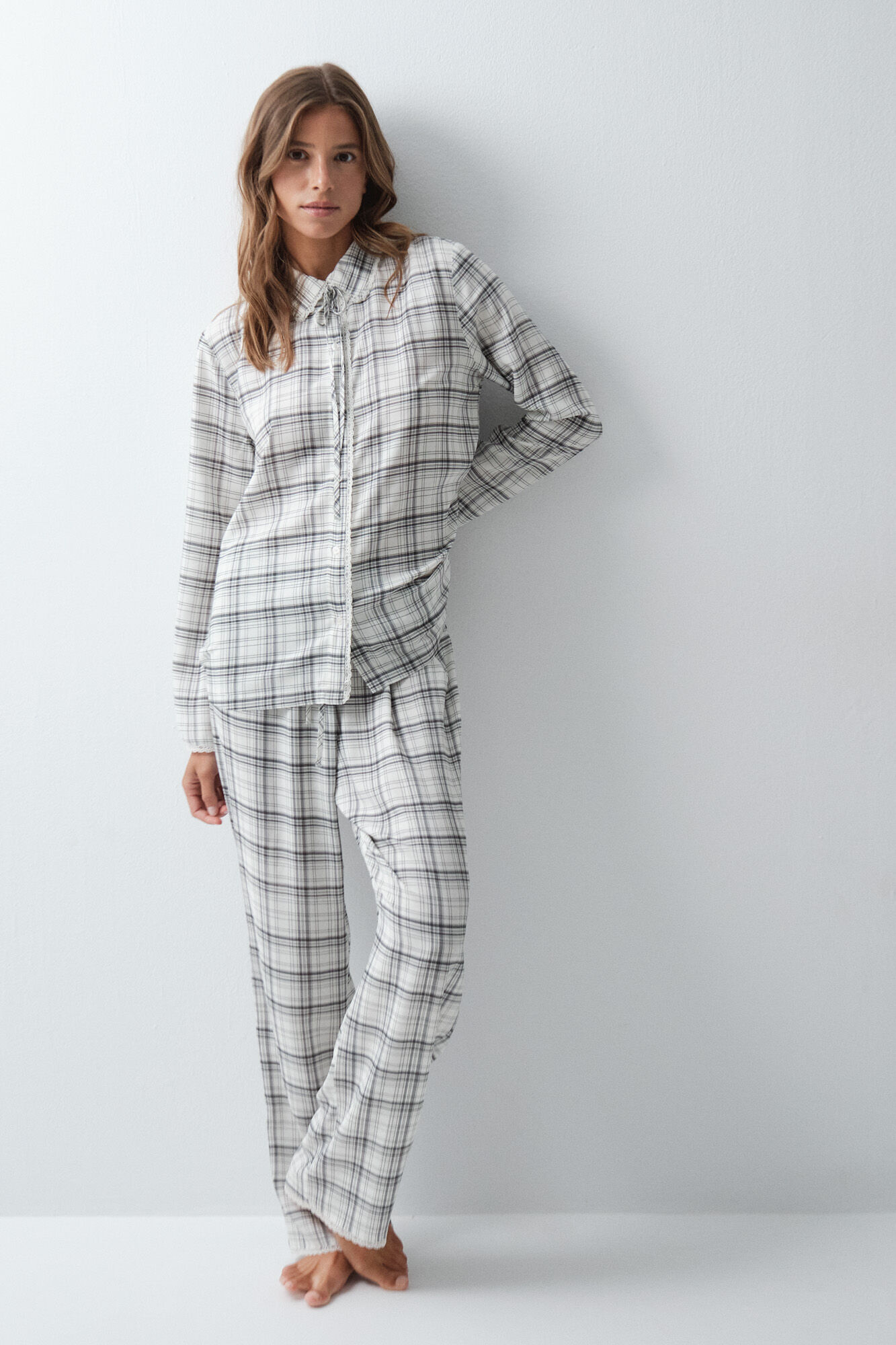 Women'secret Pijama larga camisera a cuadros con detalle de encaje