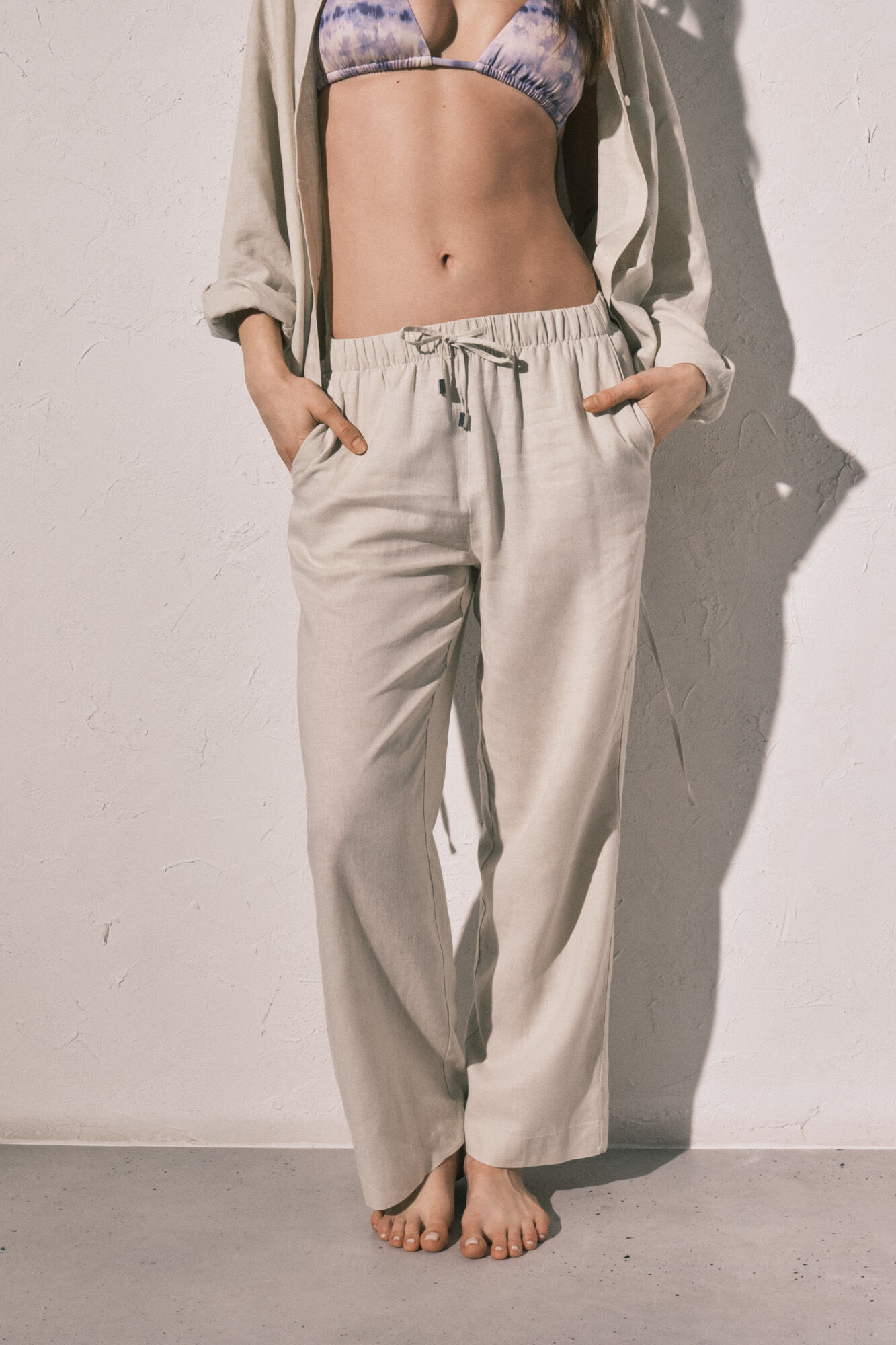 Women'secret Pantal&oacute;n largo de lino blanco caf&eacute;