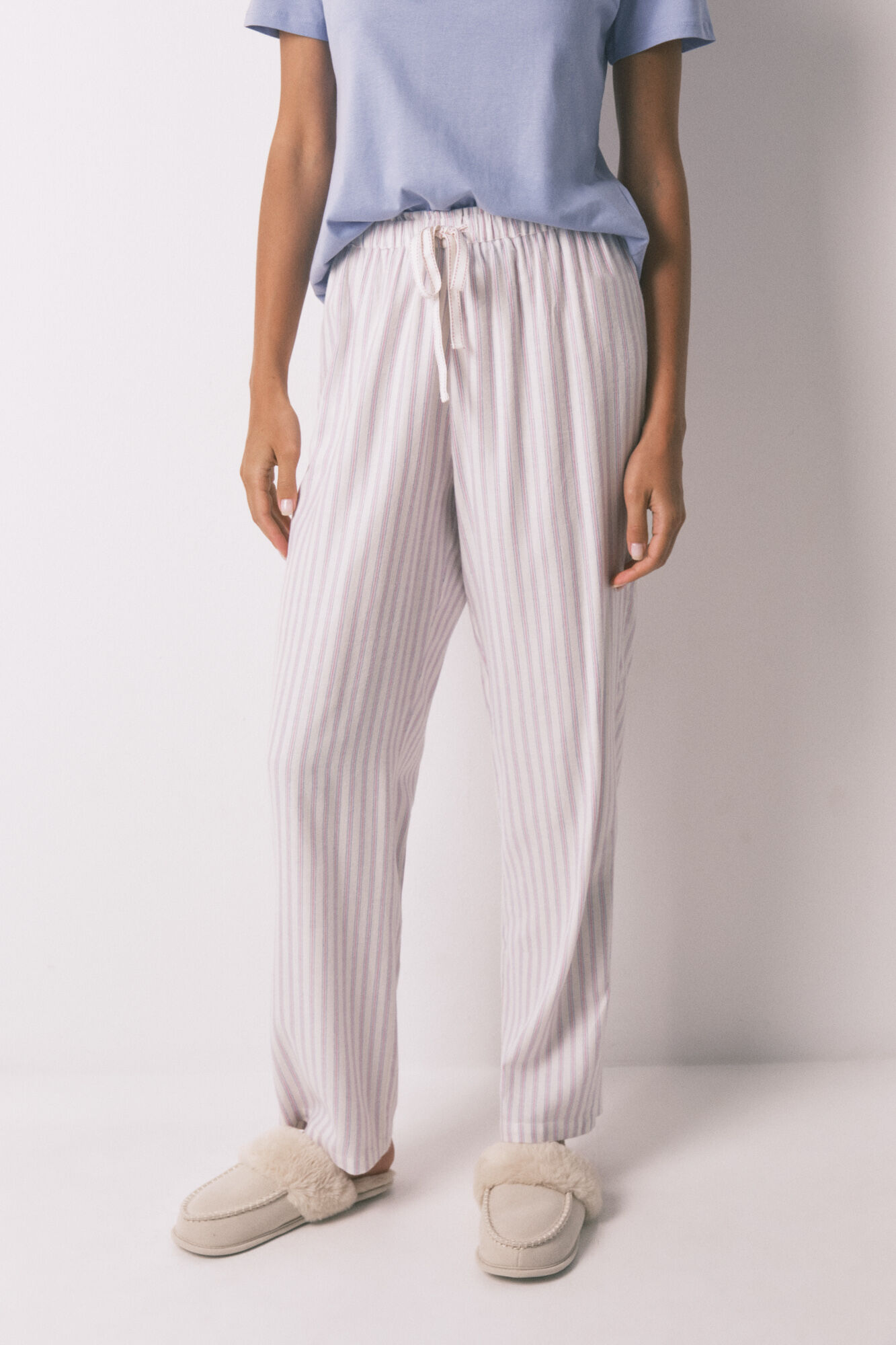 Women'secret Pantal&oacute;n largo de franela con estampado de rayas multicolor