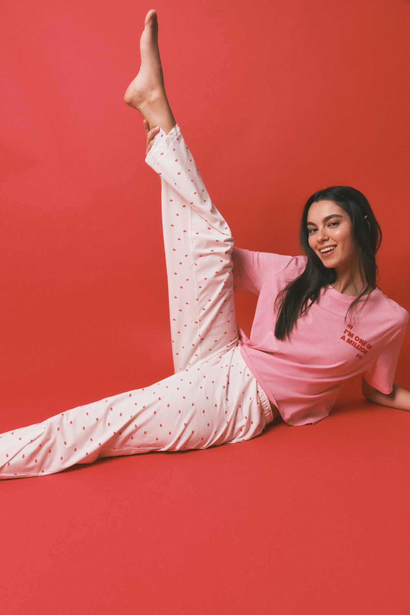 HI&BYE Pijama larga estampada de 100% algod&oacute;n rosa rosa