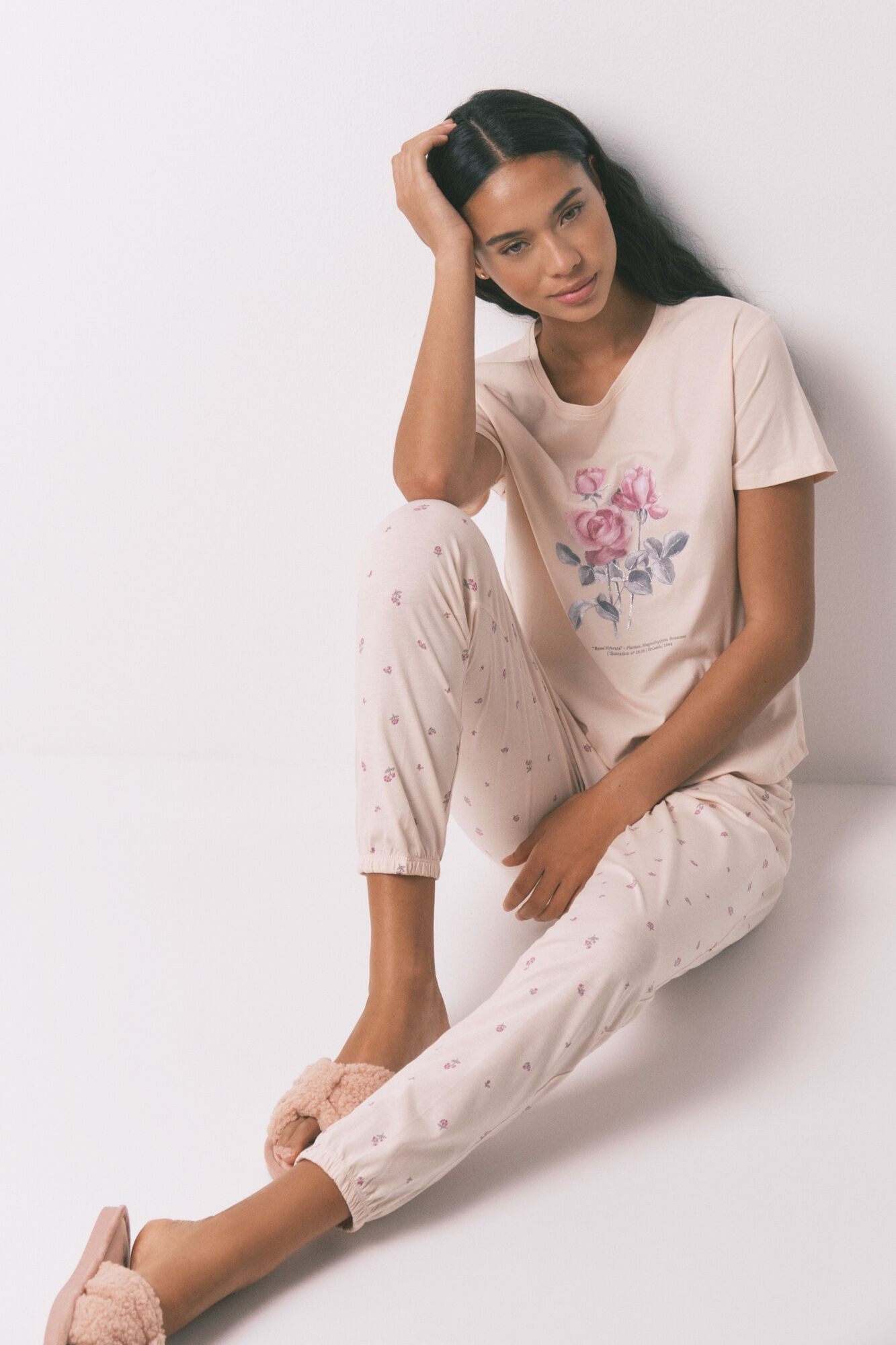Women'secret Pijama larga con flores rosas rosa
