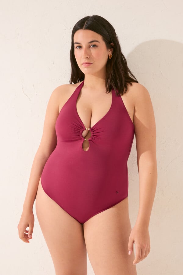 Women'secret Traje de baño rojo moldeador con cuello halter púrpura