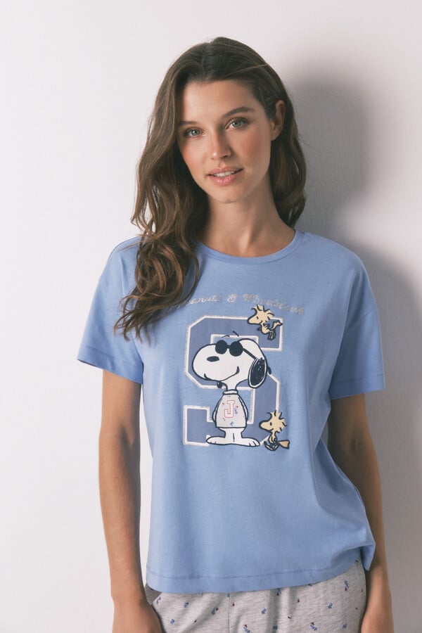 Women'secret Pijama corta de algodón de Snoopy azul  estampado