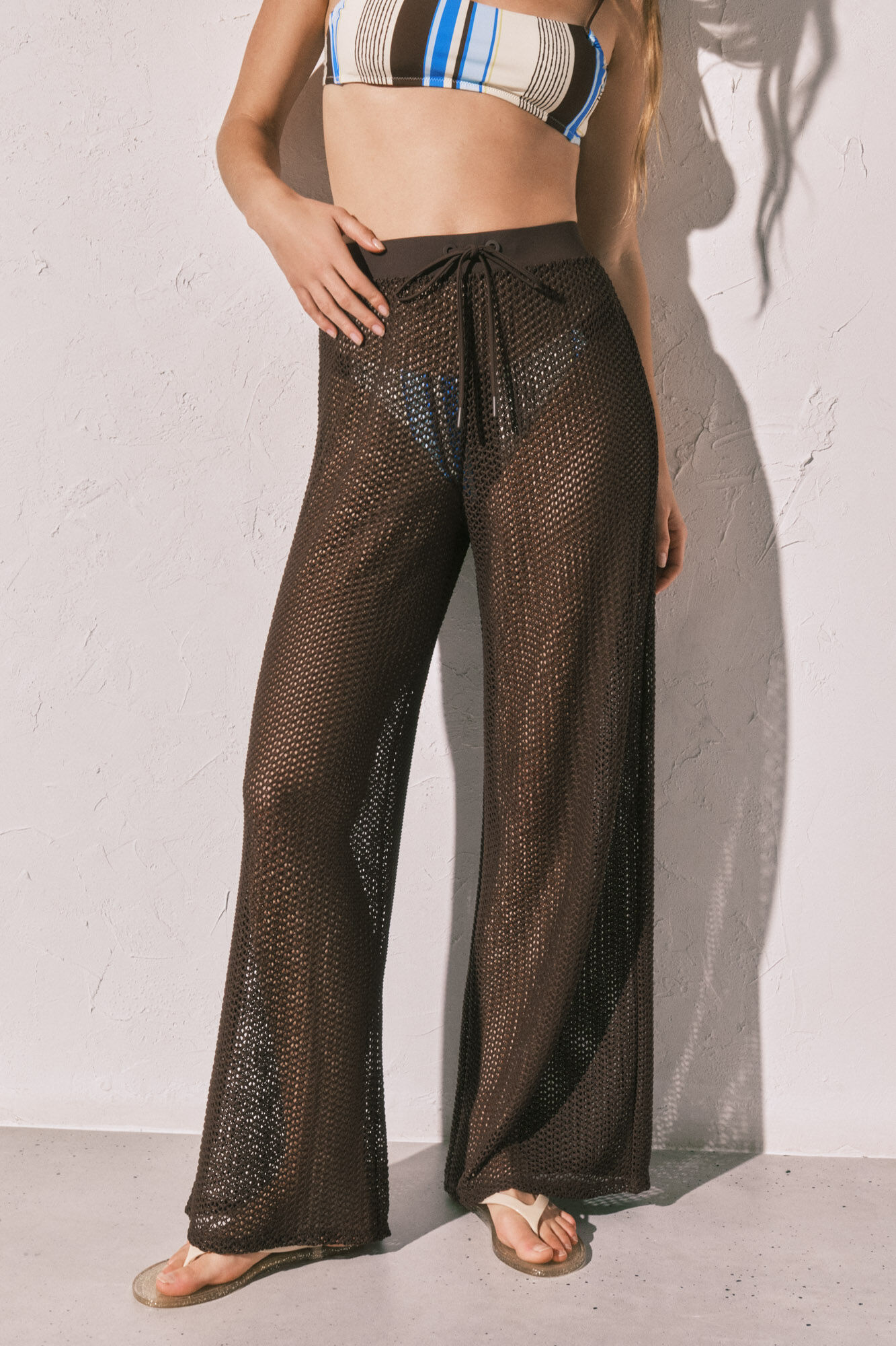 Women'secret Pantal&oacute;n largo de tejido semitransparente marr&oacute;n caf&eacute;