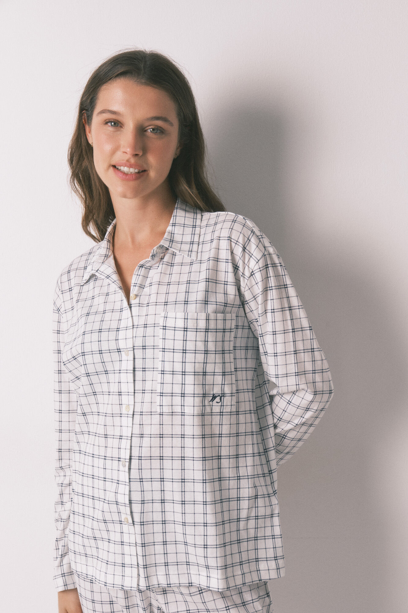 Women'secret Pijama camisera a cuadros de algod&oacute;n azul blanco